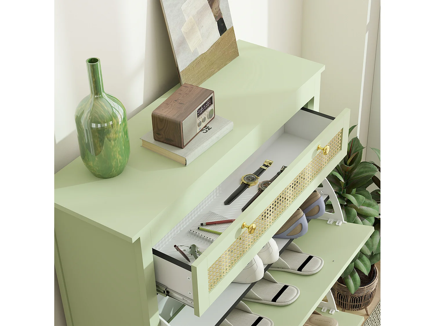 Zapatero de madera verde con 2 aletas y 1 cajón para entrada o pasillo 88x30x120 cm