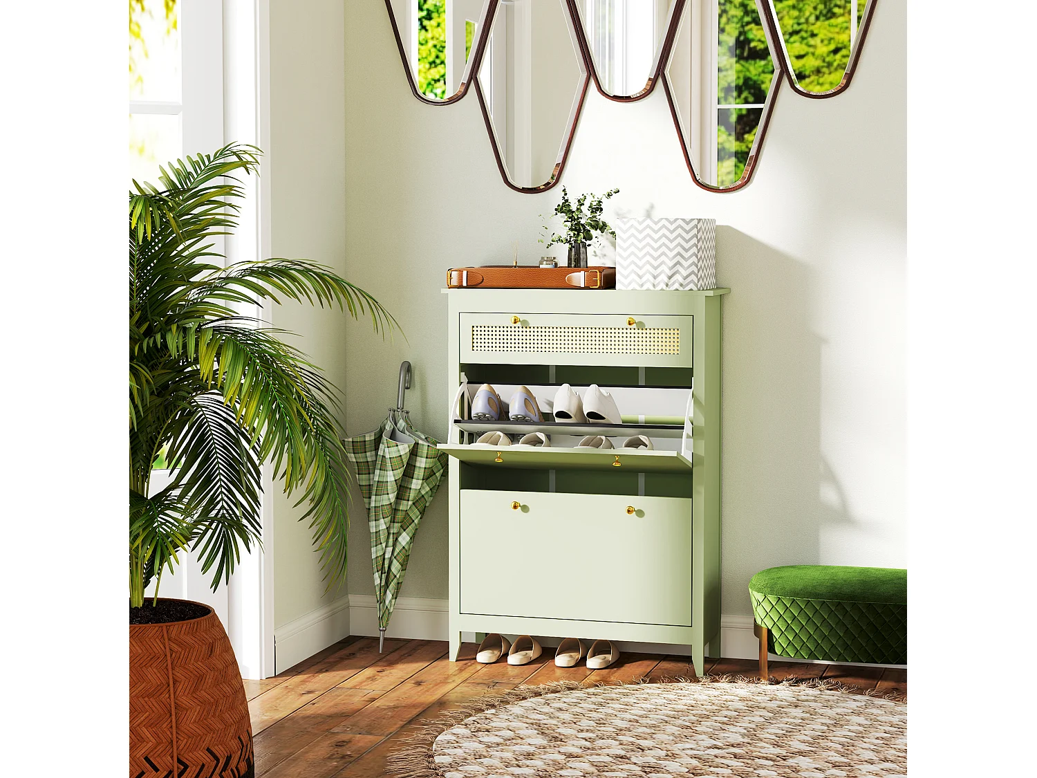 Mobile da pavimento in legno verde 2 abattants 1 tiroir pour entrée ou couloir 88x30x120 cm