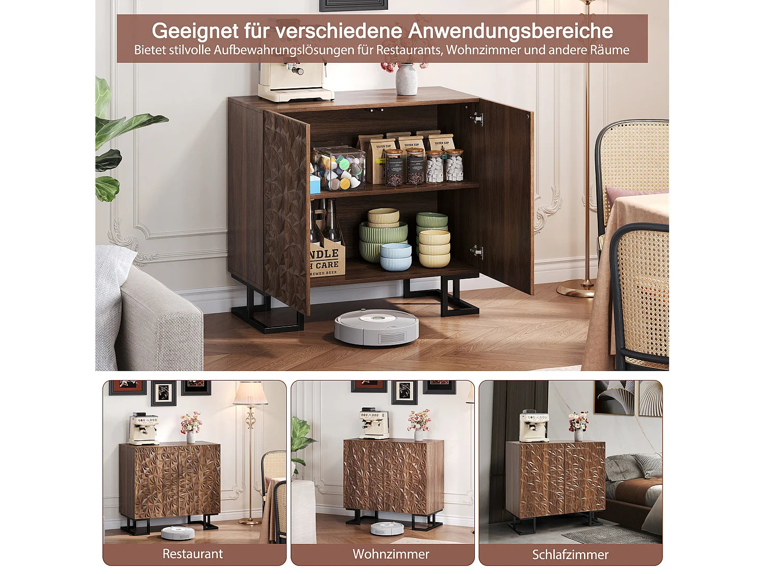 Buffet moderno in legno foncé con rilievo feuilles rangement salon entrée 80x40x78 cm