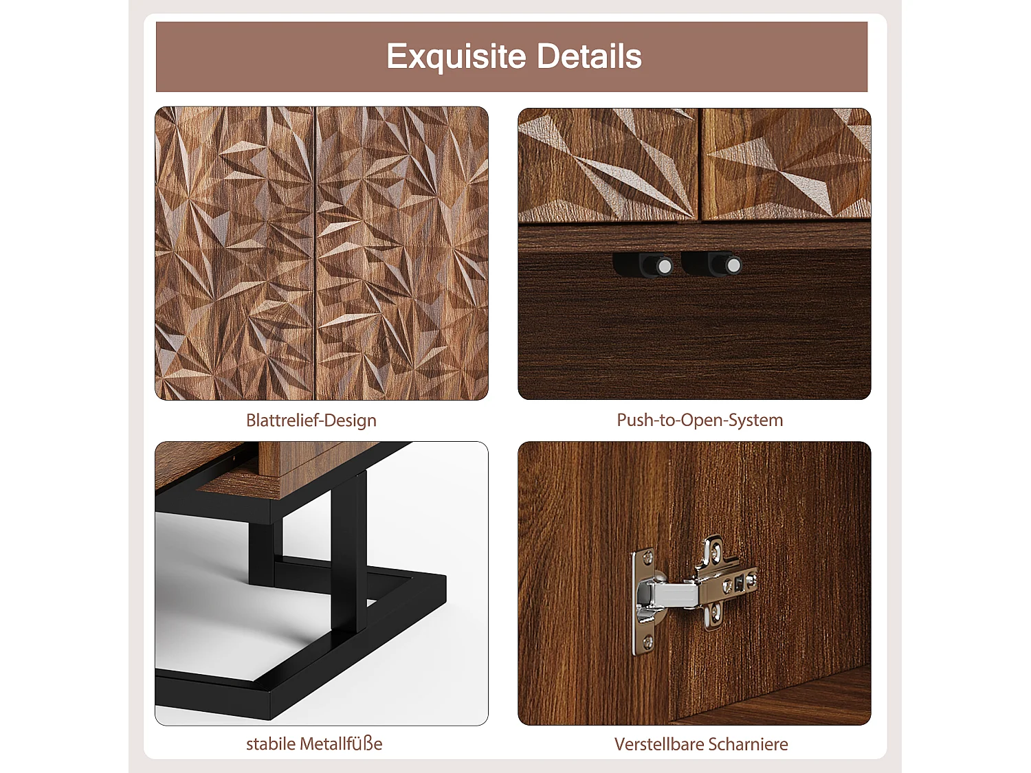 Buffet moderno in legno foncé con rilievo feuilles rangement salon entrée 80x40x78 cm