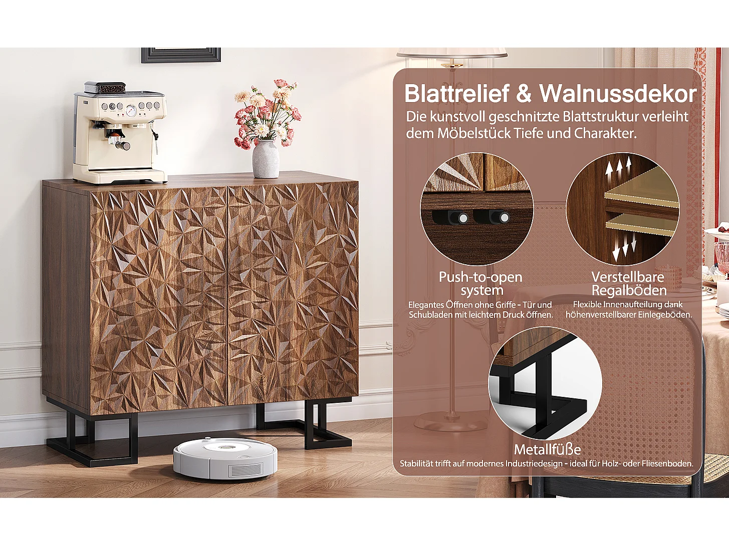 Buffet moderno in legno foncé con rilievo feuilles rangement salon entrée 80x40x78 cm