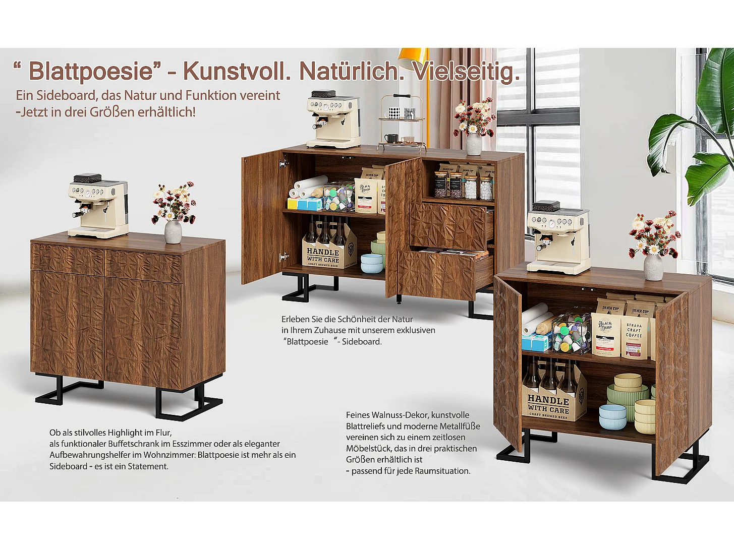 Buffet moderno in legno foncé con rilievo feuilles rangement salon entrée 80x40x78 cm