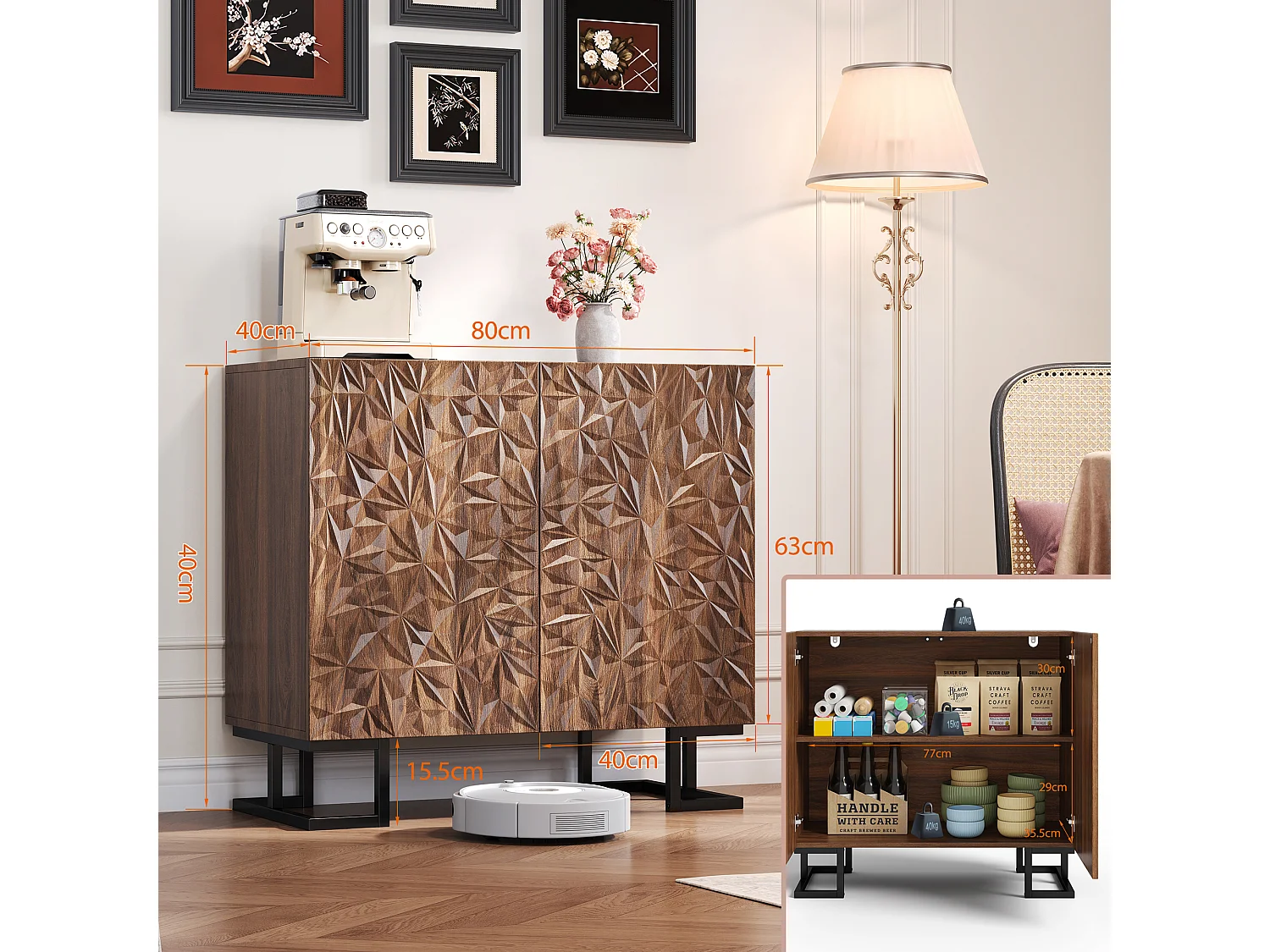 Buffet moderno in legno foncé con rilievo feuilles rangement salon entrée 80x40x78 cm