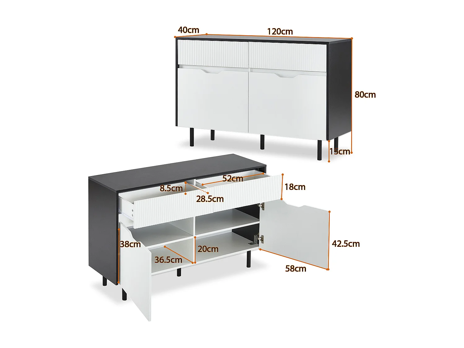 Aparador 120cm MDF preto branco gavetas portas prateleiras reguláveis ​​cozinha sala de estar sala de jantar