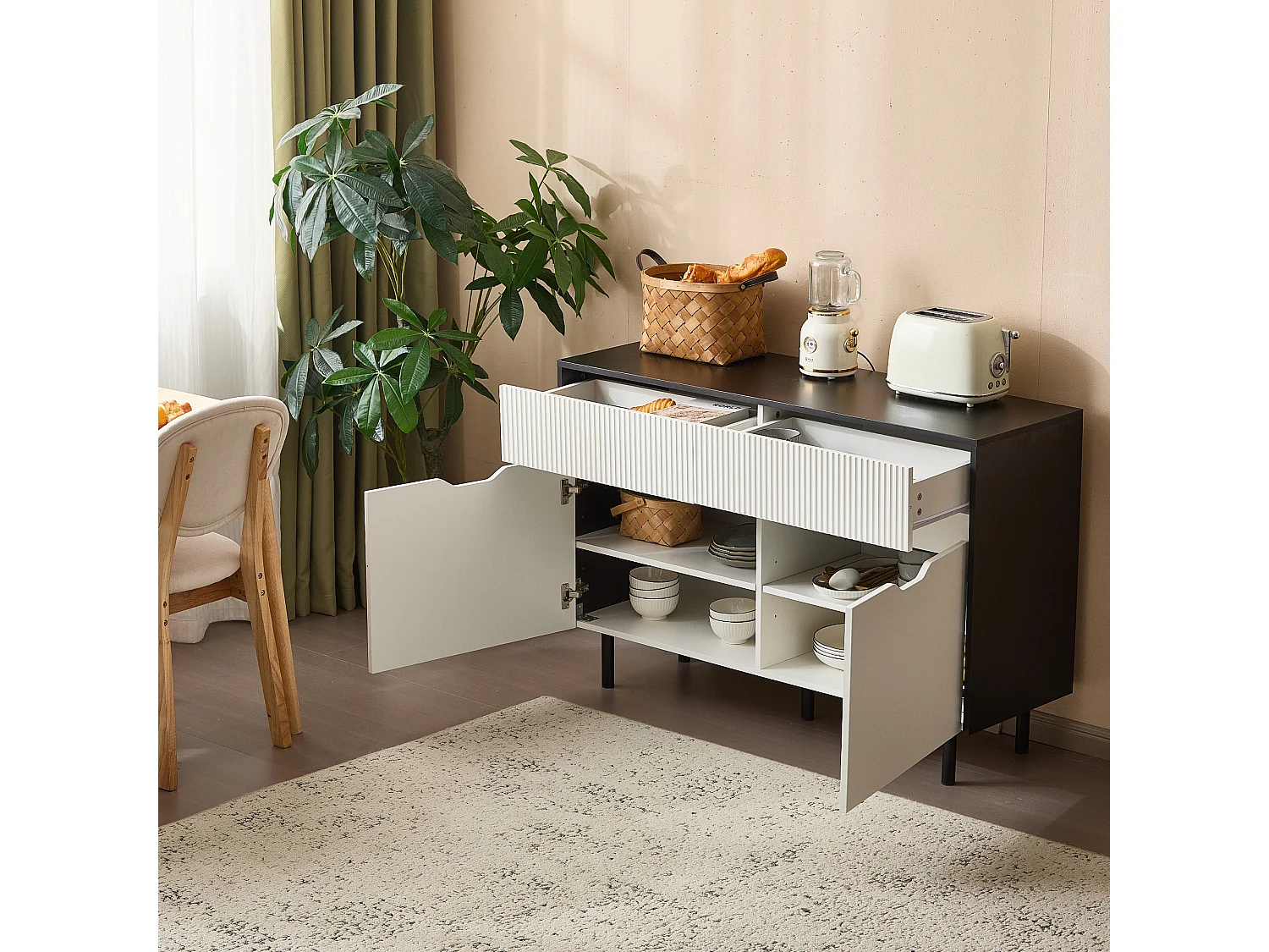 Aparador 120cm MDF preto branco gavetas portas prateleiras reguláveis ​​cozinha sala de estar sala de jantar