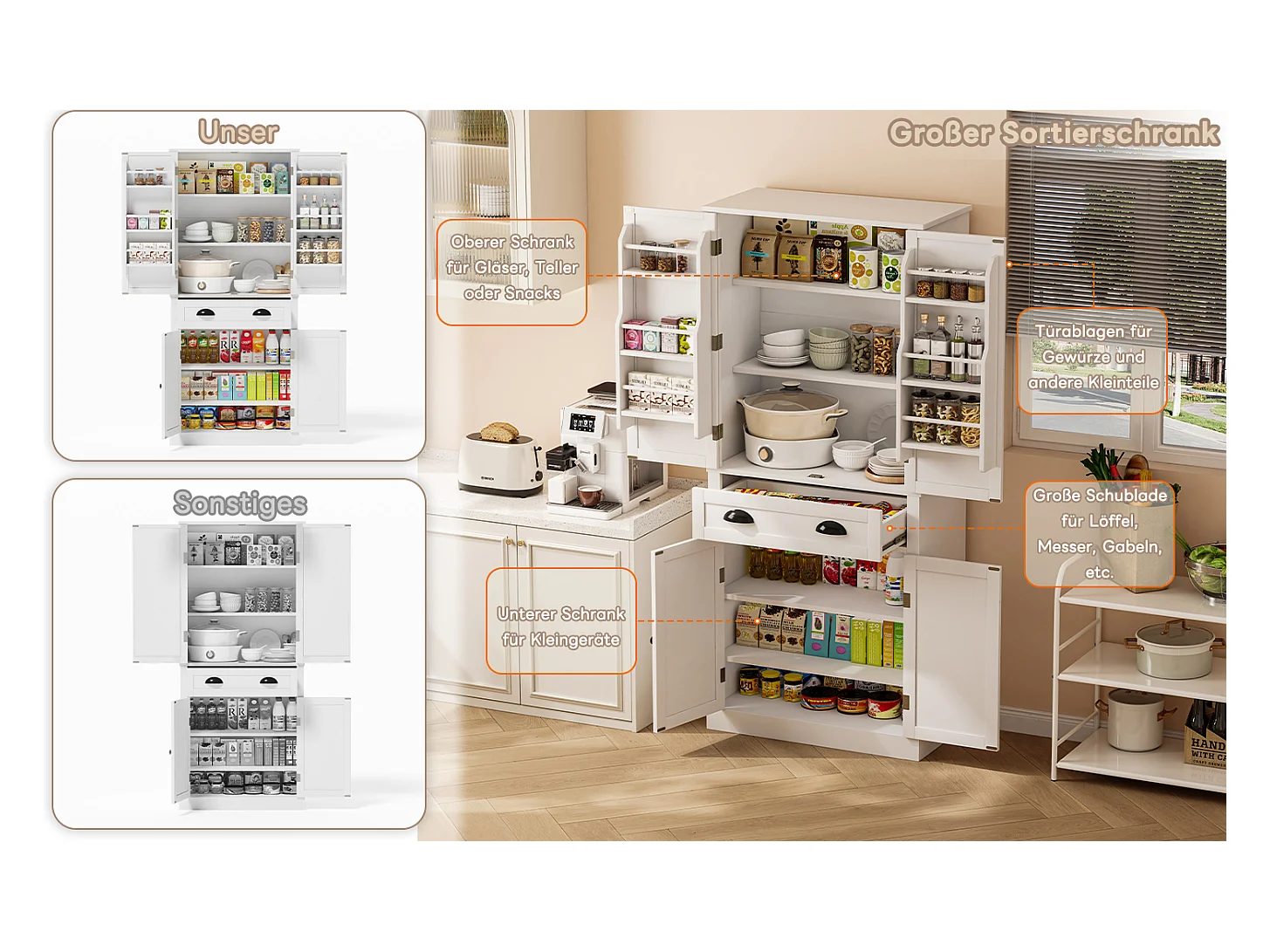 Guarda-roupa MDF 182cm 4 portas 1 gaveta armazenamento cozinha sala branco