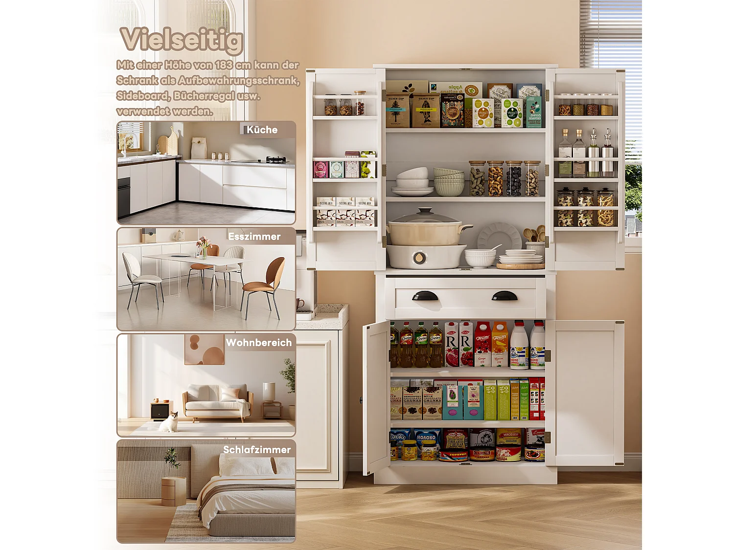 Guarda-roupa MDF 182cm 4 portas 1 gaveta armazenamento cozinha sala branco