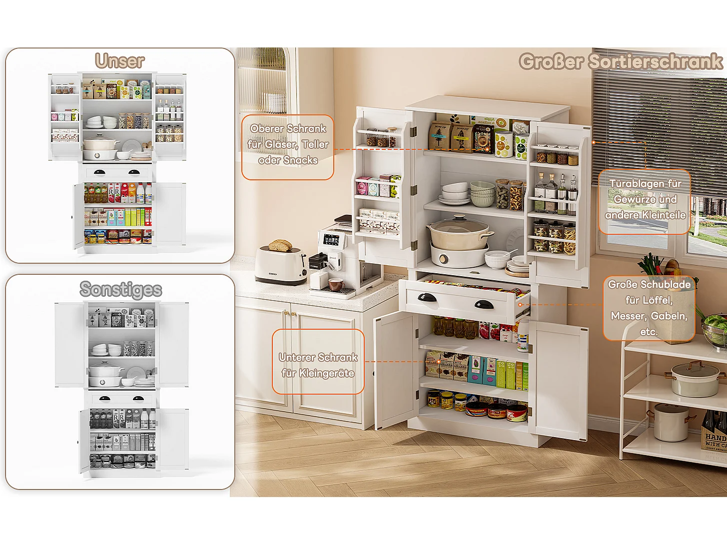 Guarda-roupa MDF 182cm 4 portas 1 gaveta armazenamento cozinha sala branco