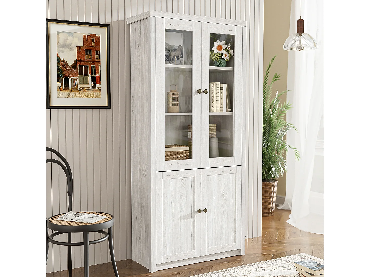 Armoire haute bois MDF rangement avec portes vitrées cuivre salon bureau 80x34x171 cm