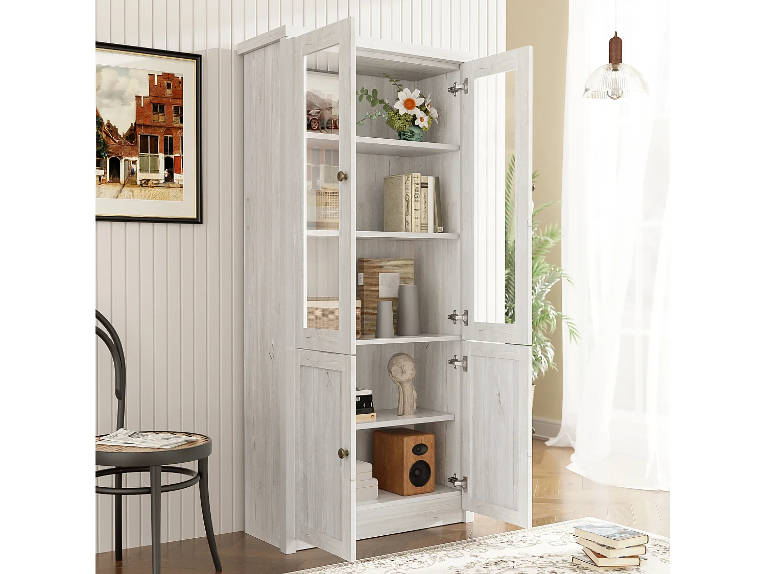 Armoire haute bois MDF rangement avec portes vitrées cuivre salon bureau 80x34x171 cm