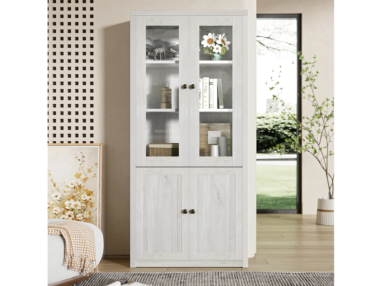Armoire haute bois MDF rangement avec portes vitrées cuivre salon bureau 80x34x171 cm