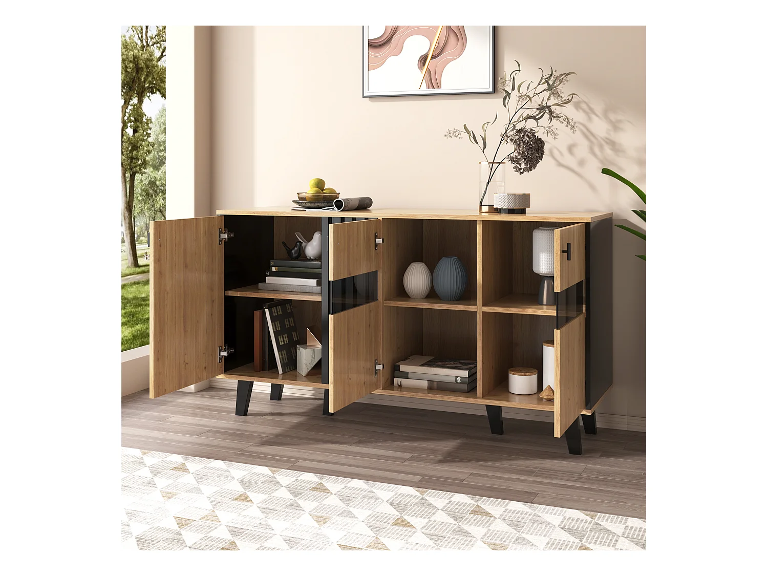 Aparador de design em madeira MDF preta com três portas e LEDs para armazenamento na sala de estar 140x78,5x41 cm