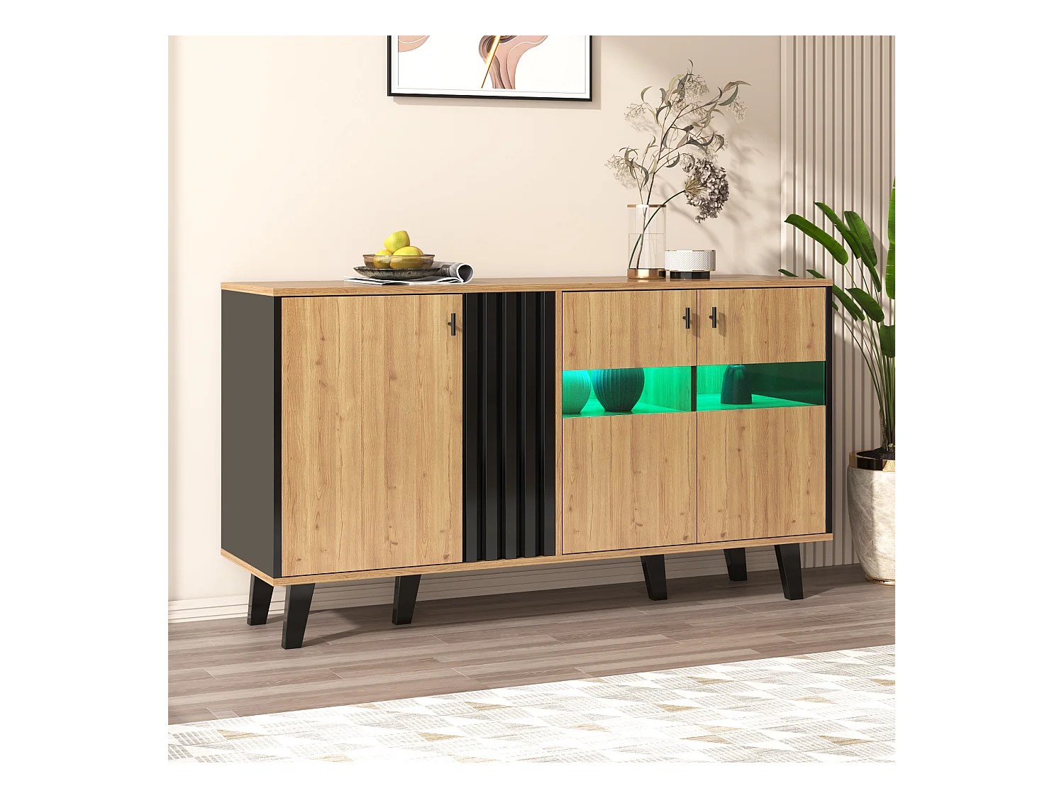 Aparador de design em madeira MDF preta com três portas e LEDs para armazenamento na sala de estar 140x78,5x41 cm