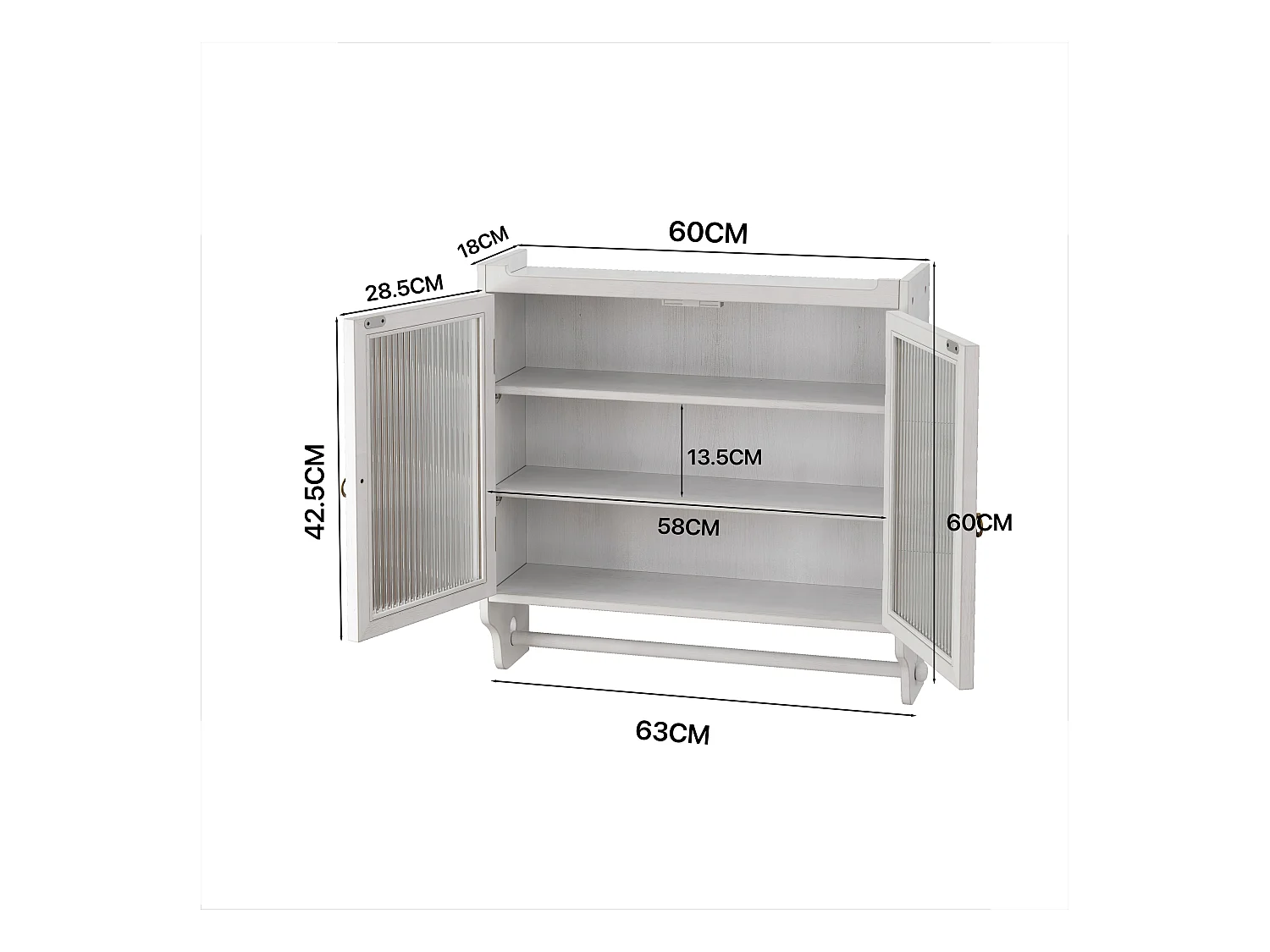 Mueble alto de 60 cm con puerta doble de cristal, almacenaje vintage, MDF, cristal patinado blanco, baño, cocina, salón