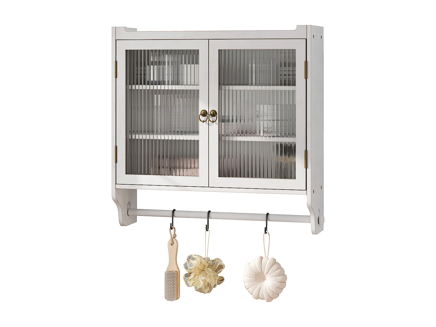 Meuble mural 60 cm double porte vitrée rangement vintage MDF verre blanc patiné salle de bain cuisine salon