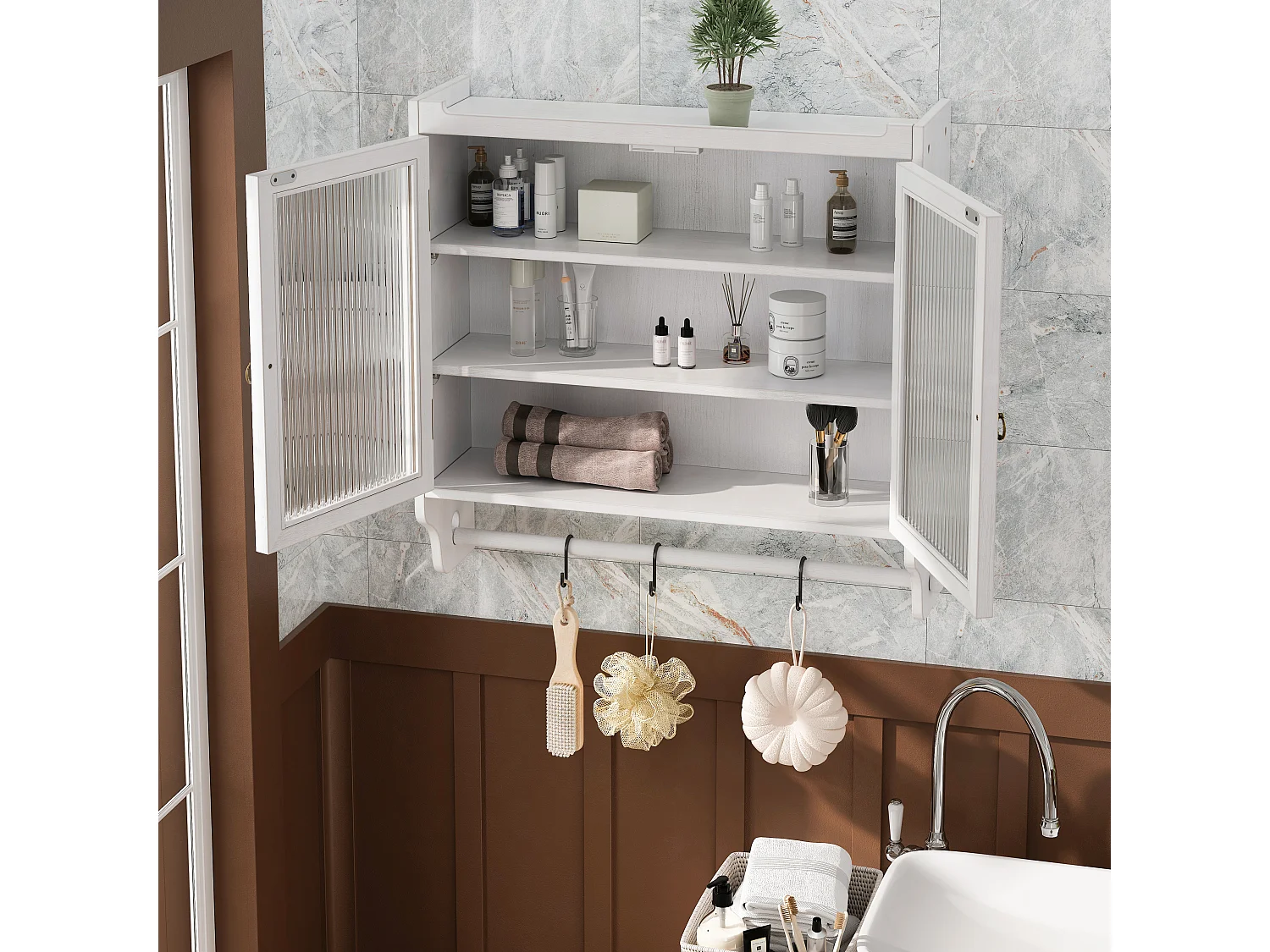 Meuble mural 60 cm double porte vitrée rangement vintage MDF verre blanc patiné salle de bain cuisine salon