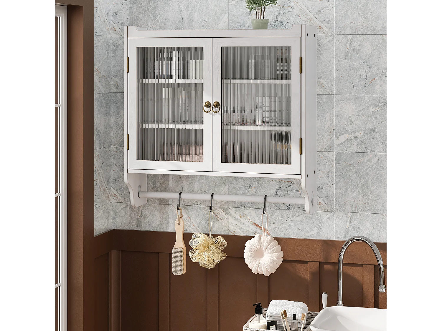 Meuble mural 60 cm double porte vitrée rangement vintage MDF verre blanc patiné salle de bain cuisine salon