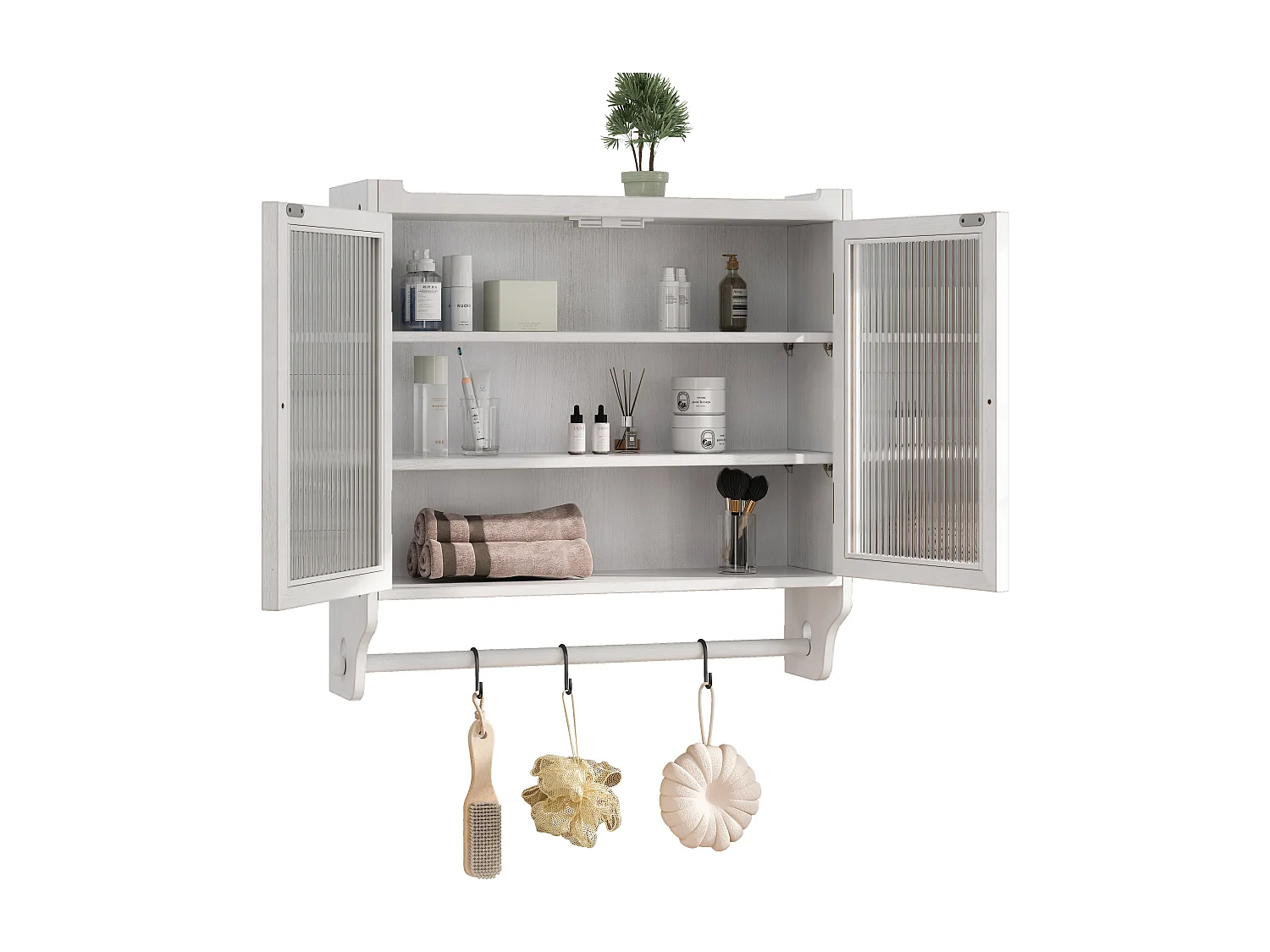 Meuble mural 60 cm double porte vitrée rangement vintage MDF verre blanc patiné salle de bain cuisine salon