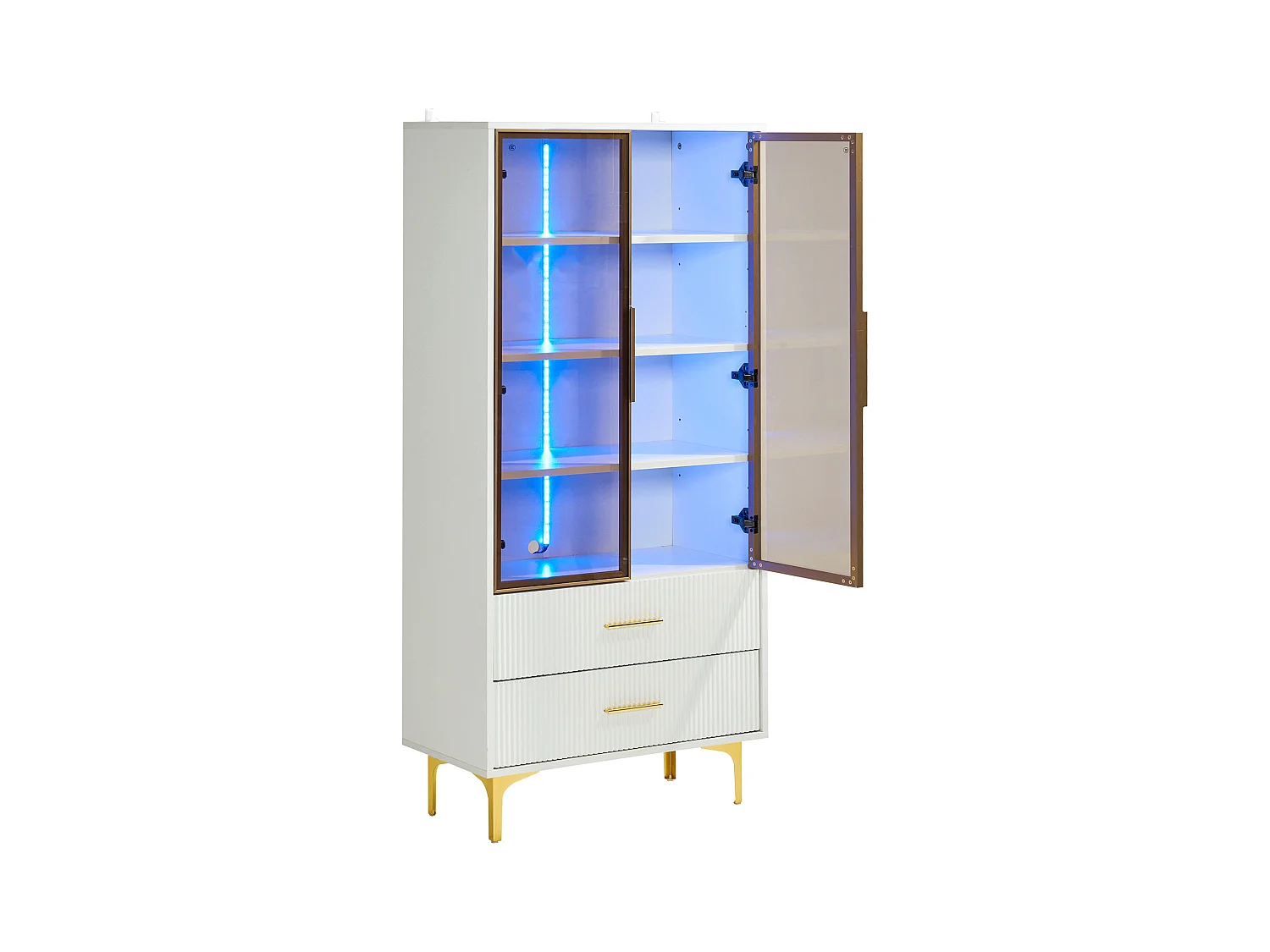 Armário de exposição LED branco com portas de vidro e gavetas, 70x35x150cm, sala de estar moderna