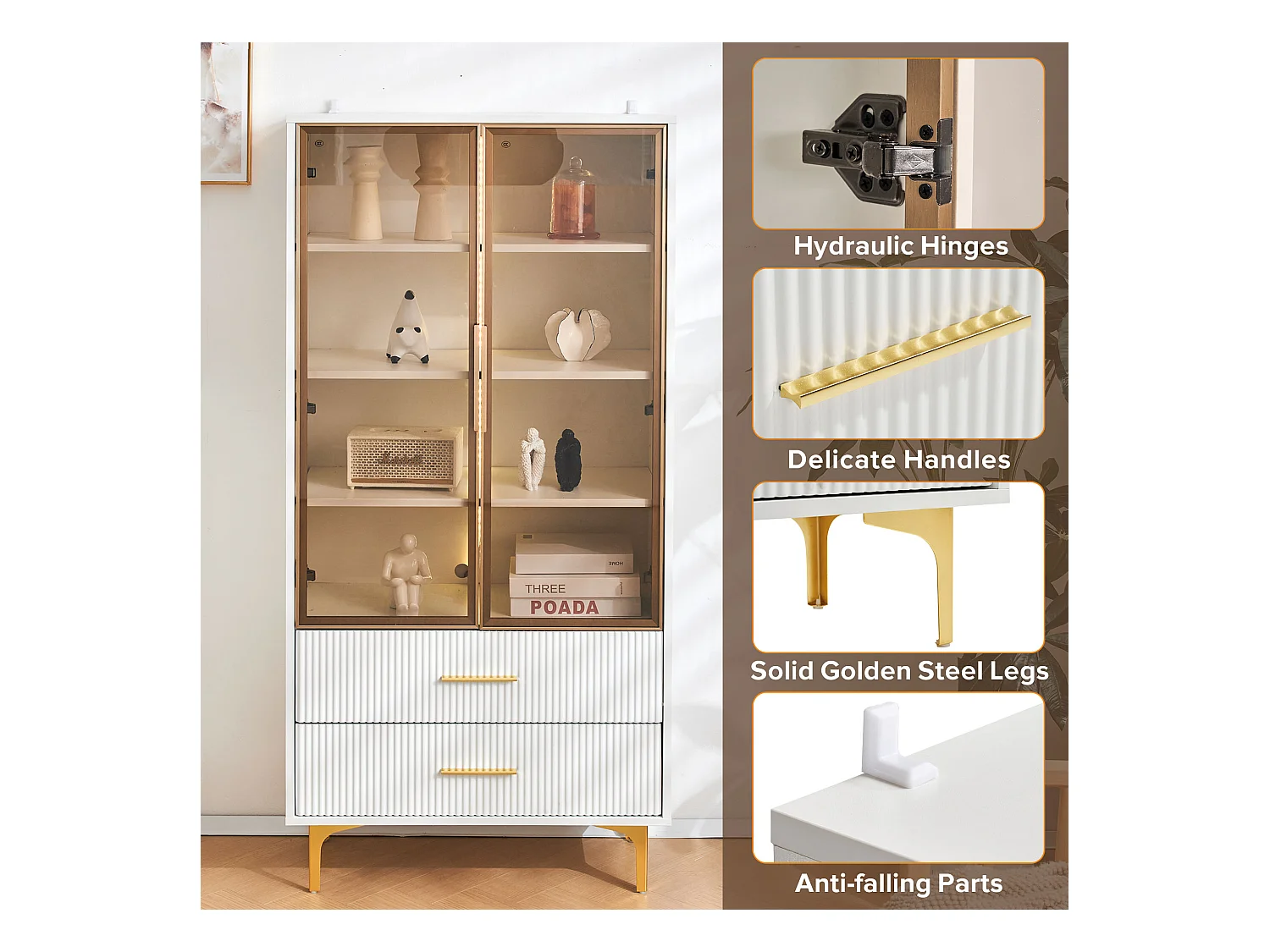 Armário de exposição LED branco com portas de vidro e gavetas, 70x35x150cm, sala de estar moderna