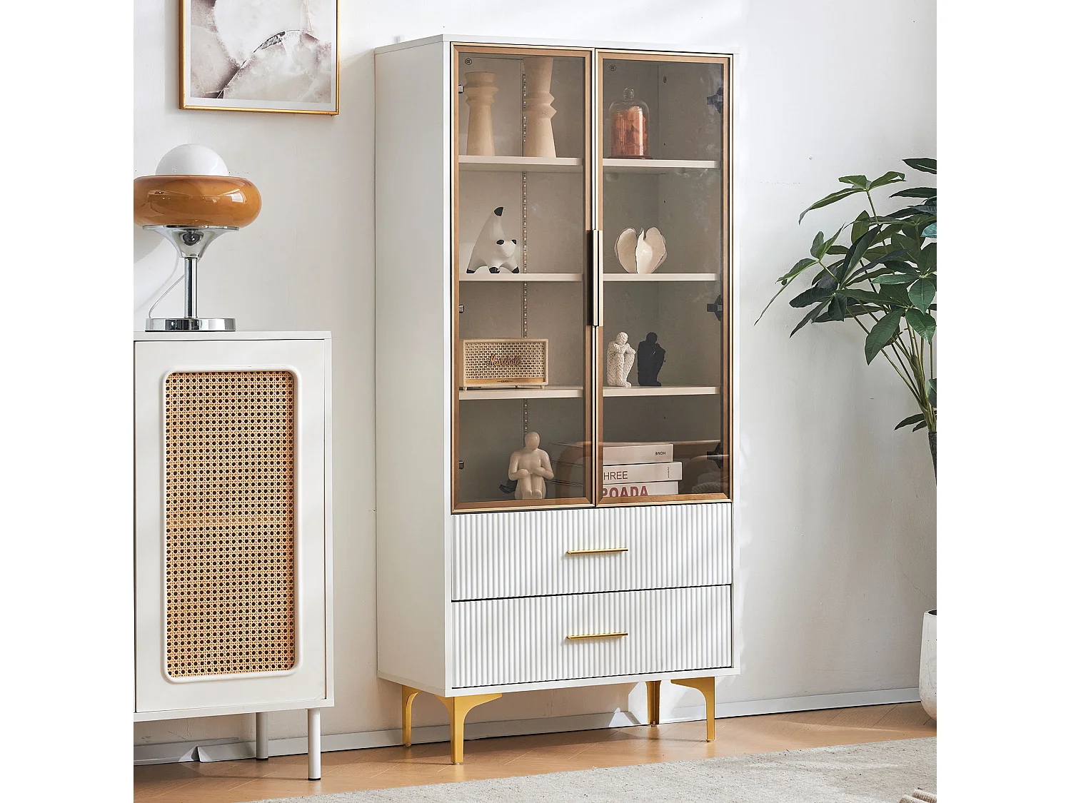 Vitrina LED blanca con puertas y cajones de cristal, 70x35x150cm, salón moderno