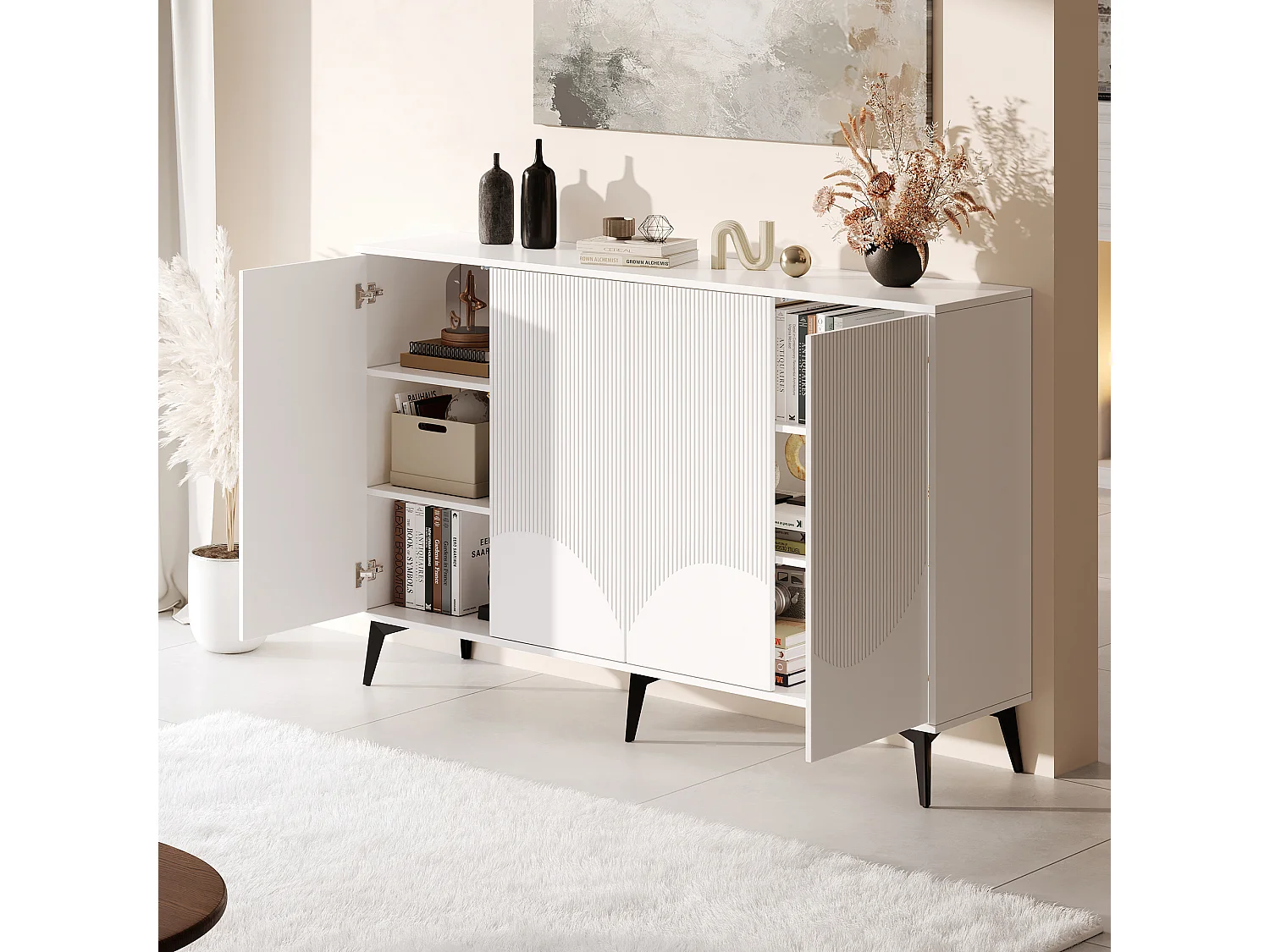 Buffet 160 cm MDF bianco 4 portes étagères réglables meuble rangement salon salle à manger