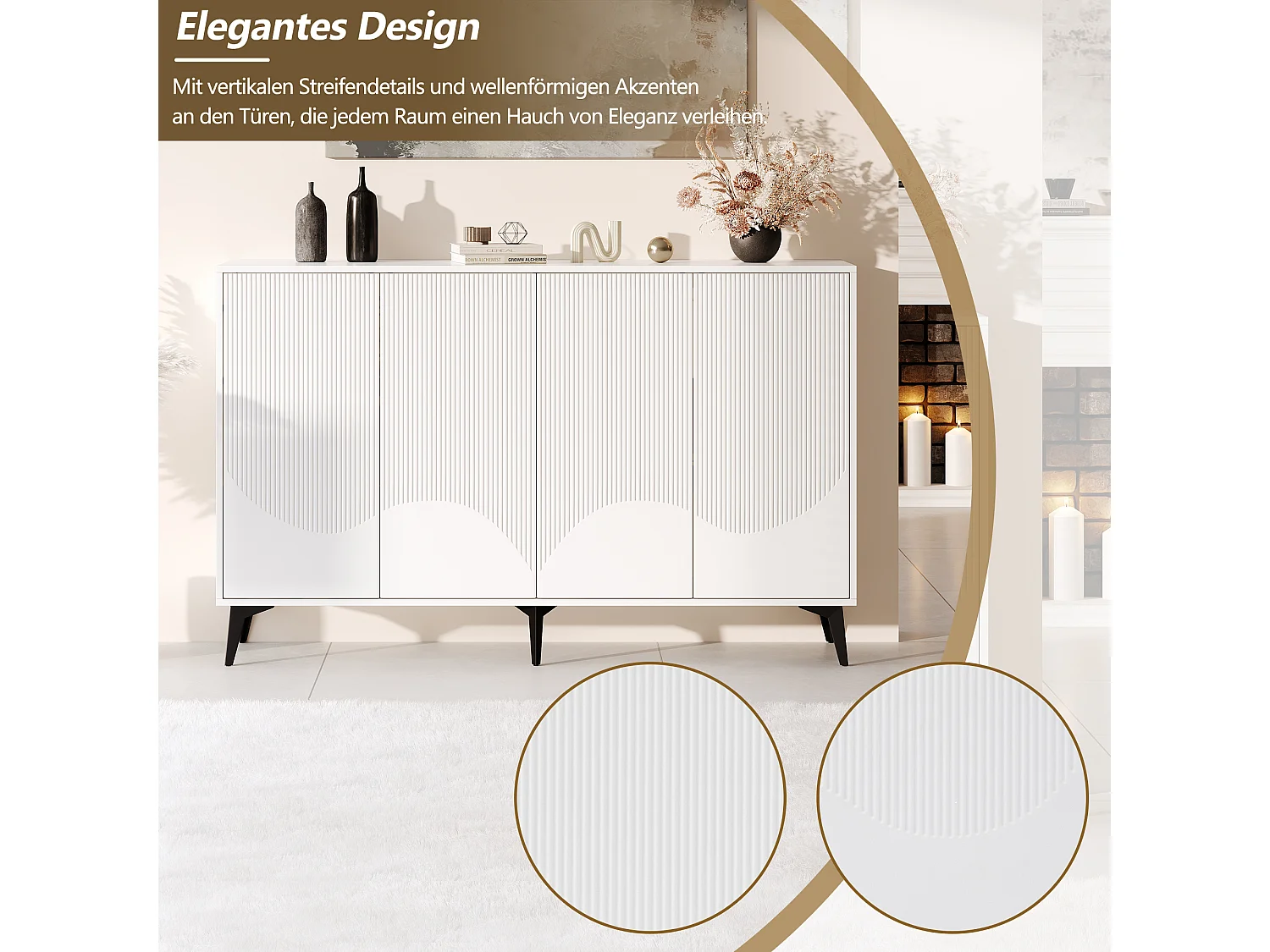 Aparador de MDF blanco de 160cm con 4 puertas y estantes regulables, mueble de almacenaje para salón y comedor