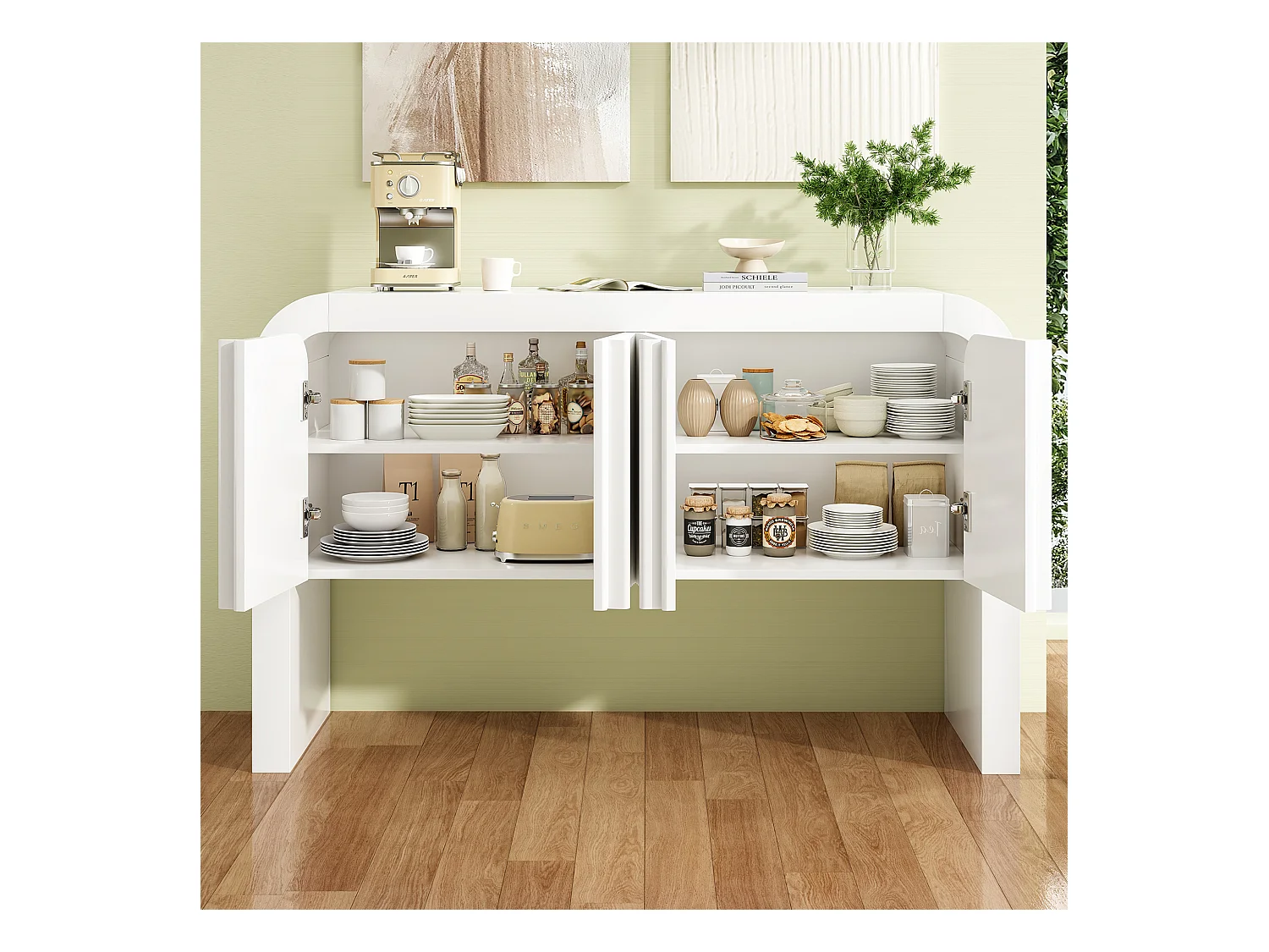 Aparador MDF 120x39,8x75cm Canto Arredondado 4 Portas Sala Cozinha Branco Magnético