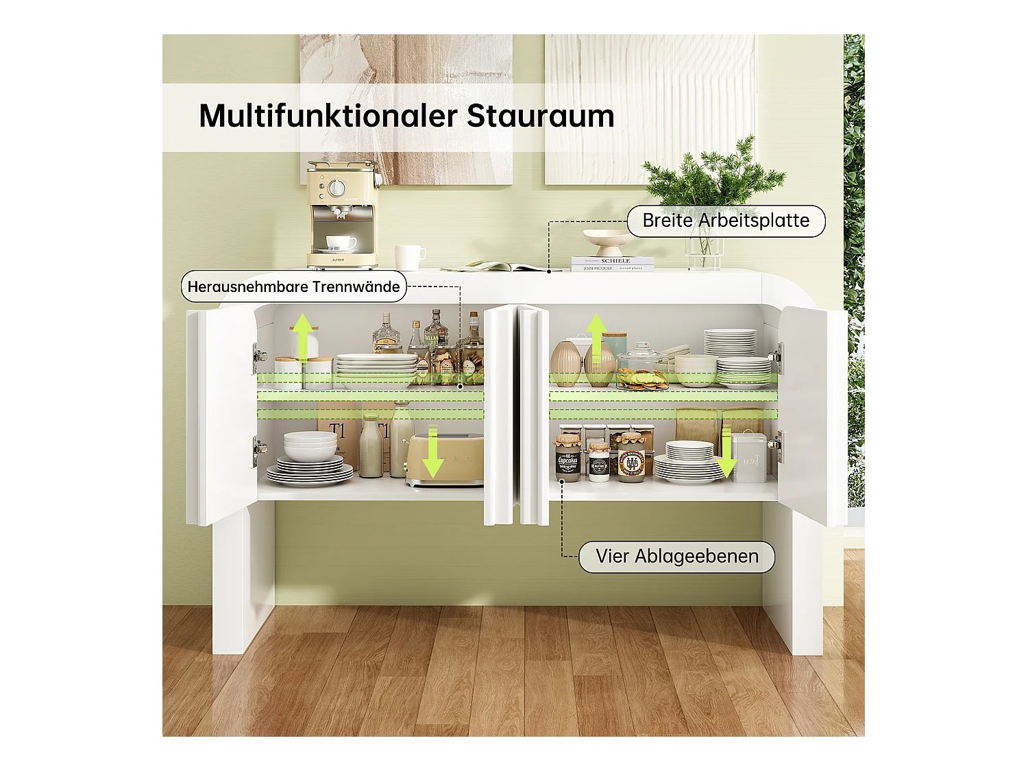 Aparador MDF 120x39,8x75cm Canto Arredondado 4 Portas Sala Cozinha Branco Magnético