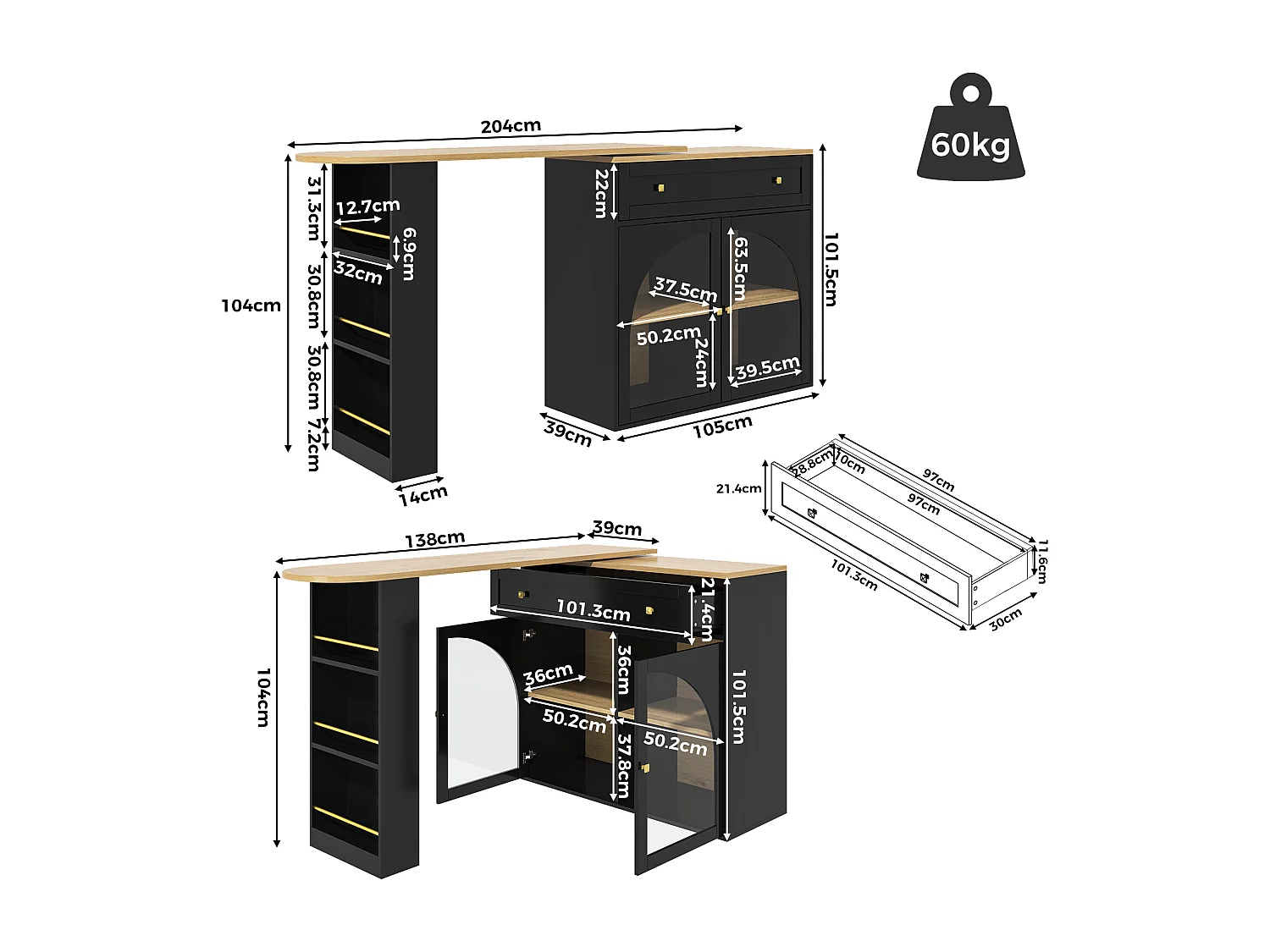 Tavolo bar allungabile MDF 138-204cm pivotante 360° con rangement verre noir kitchen salon