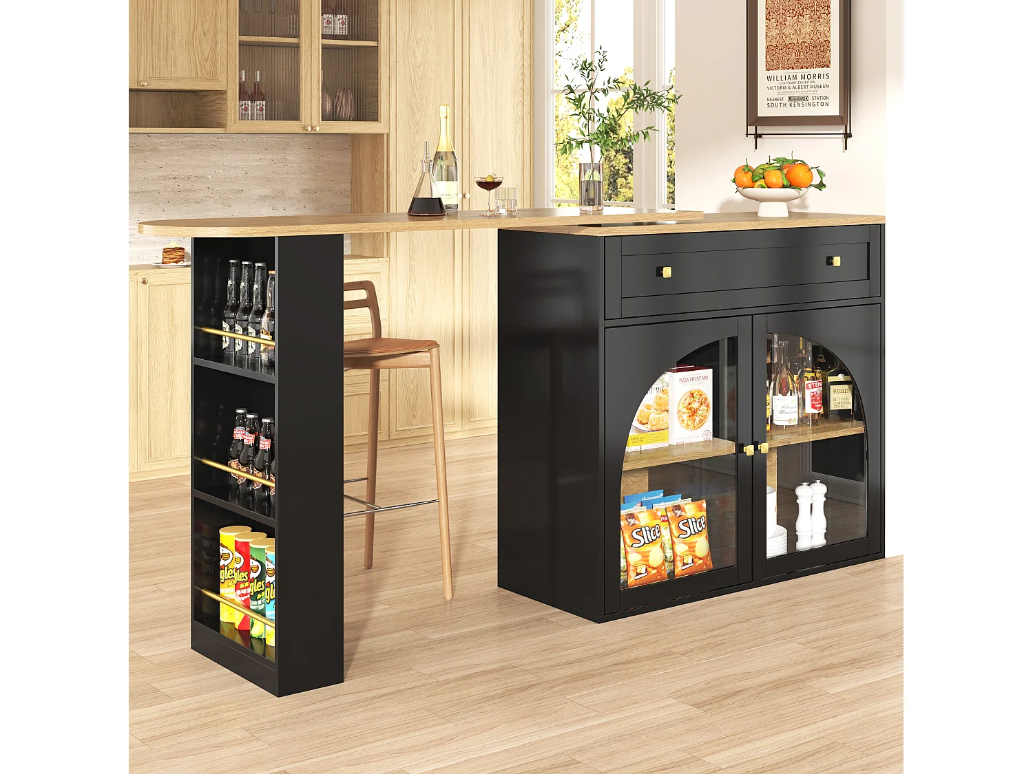 Tavolo bar allungabile MDF 138-204cm pivotante 360° con rangement verre noir kitchen salon