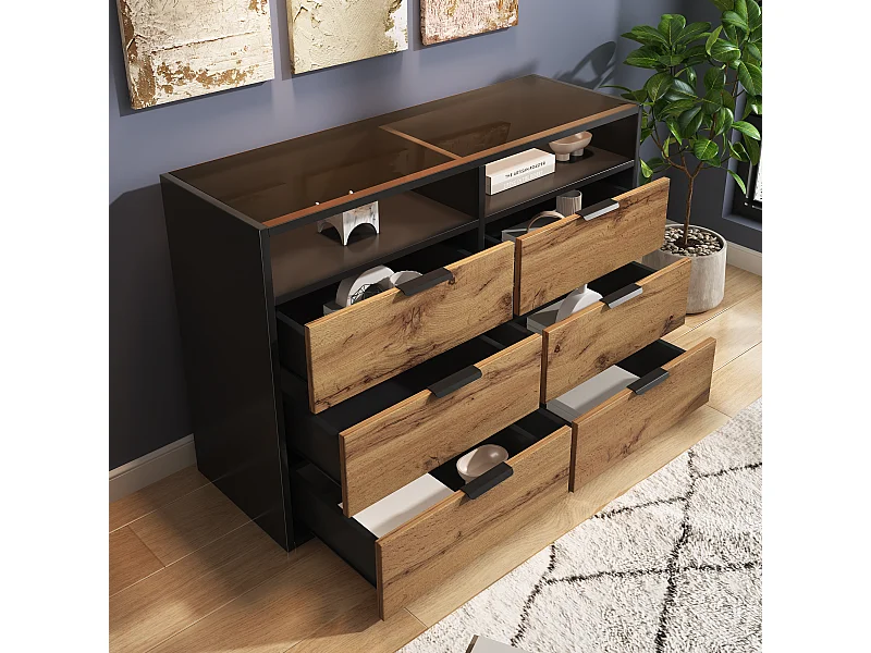 Buffet in vetro ambra 6 cassetti MDF metallo rangement salon chambre 120x40x80 cm beige