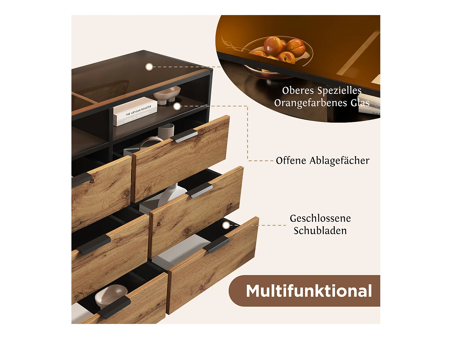 Aparador de vidro âmbar 6 gavetas MDF metal armazenamento sala estar quarto 120x40x80 cm carvalho