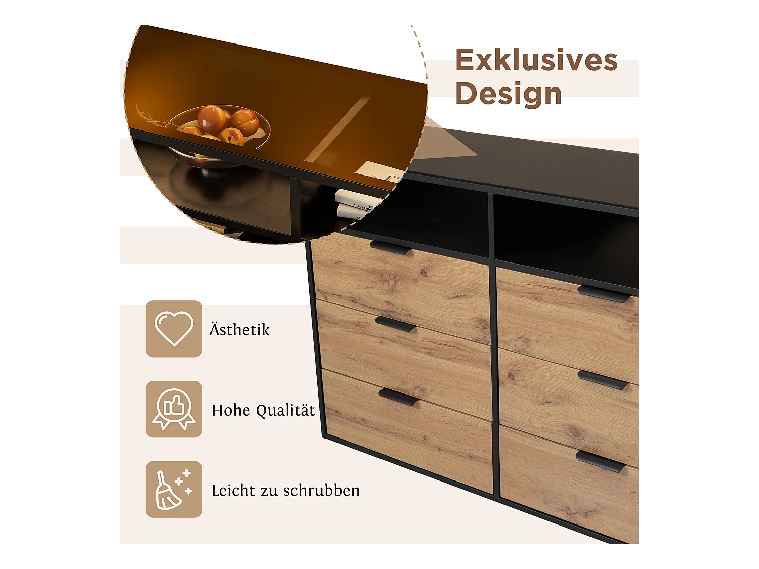 Aparador de vidro âmbar 6 gavetas MDF metal armazenamento sala estar quarto 120x40x80 cm carvalho