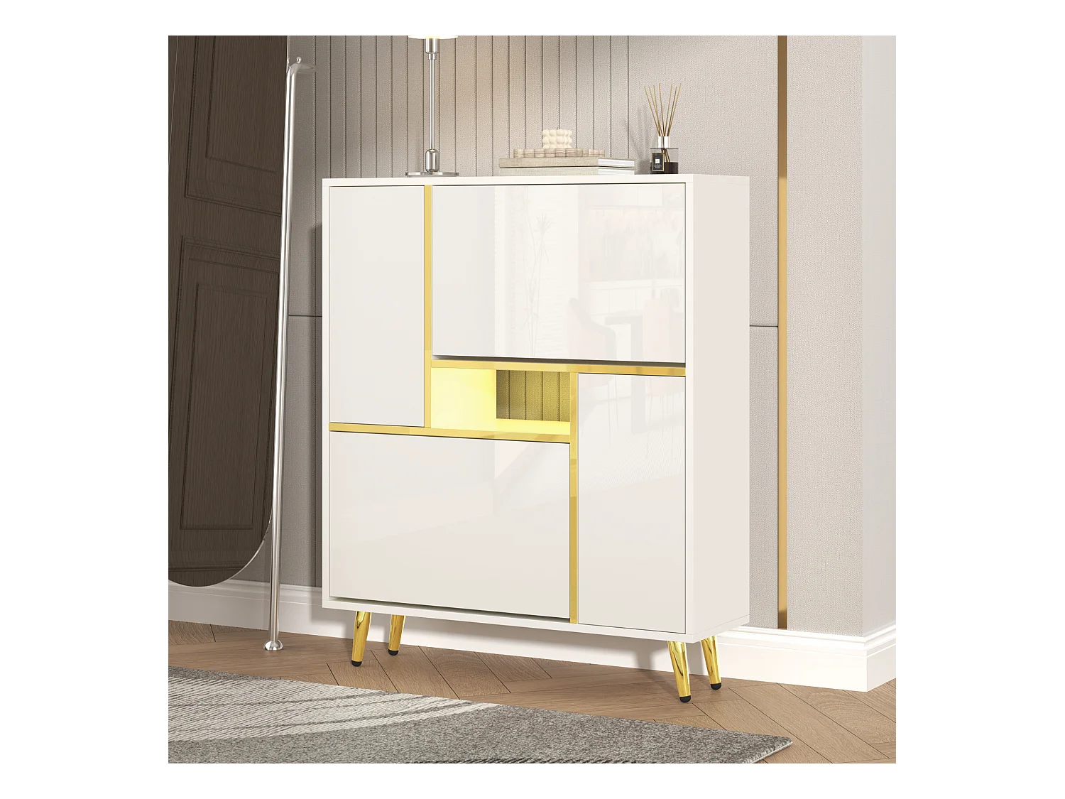 Sapateira de madeira branca LED 16 cores moderna entrada de armazenamento 80x25x96 cm