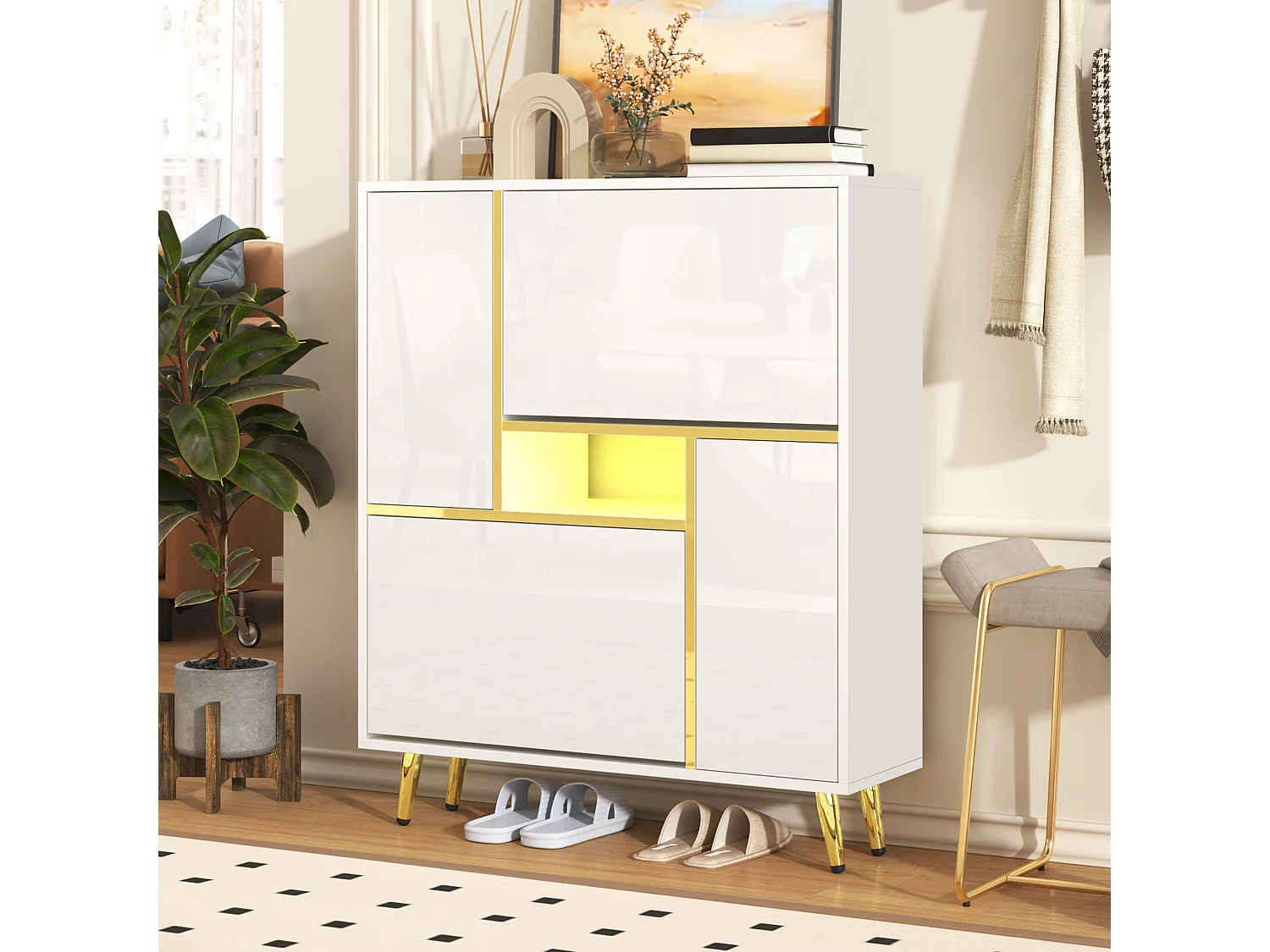 Sapateira de madeira branca LED 16 cores moderna entrada de armazenamento 80x25x96 cm