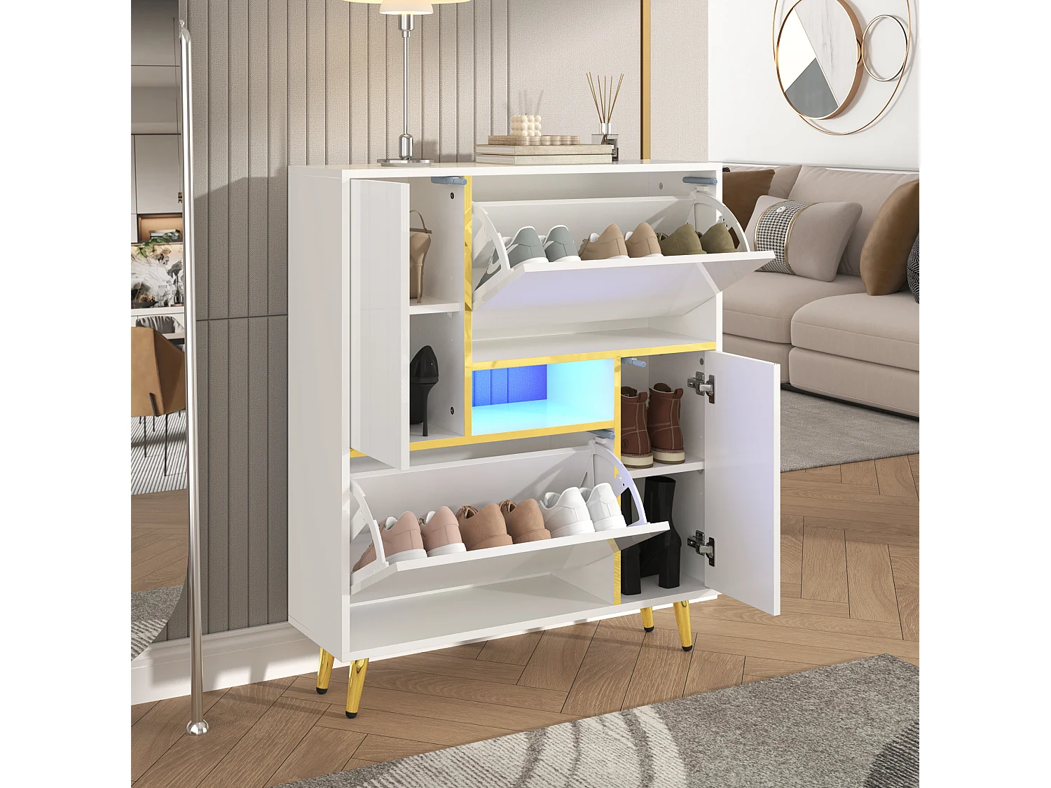 Sapateira de madeira branca LED 16 cores moderna entrada de armazenamento 80x25x96 cm