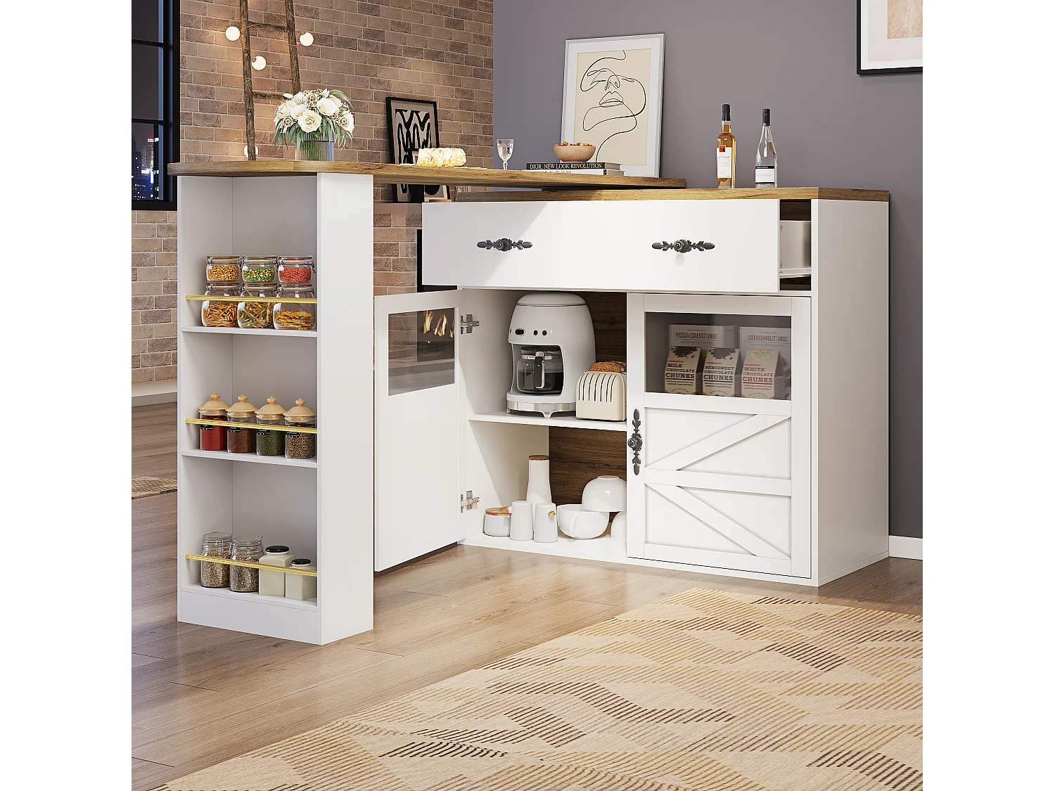 Mesa de bar extensível em MDF 138-204 cm, giratória 360° com armazenamento, branca, para cozinha e sala de estar