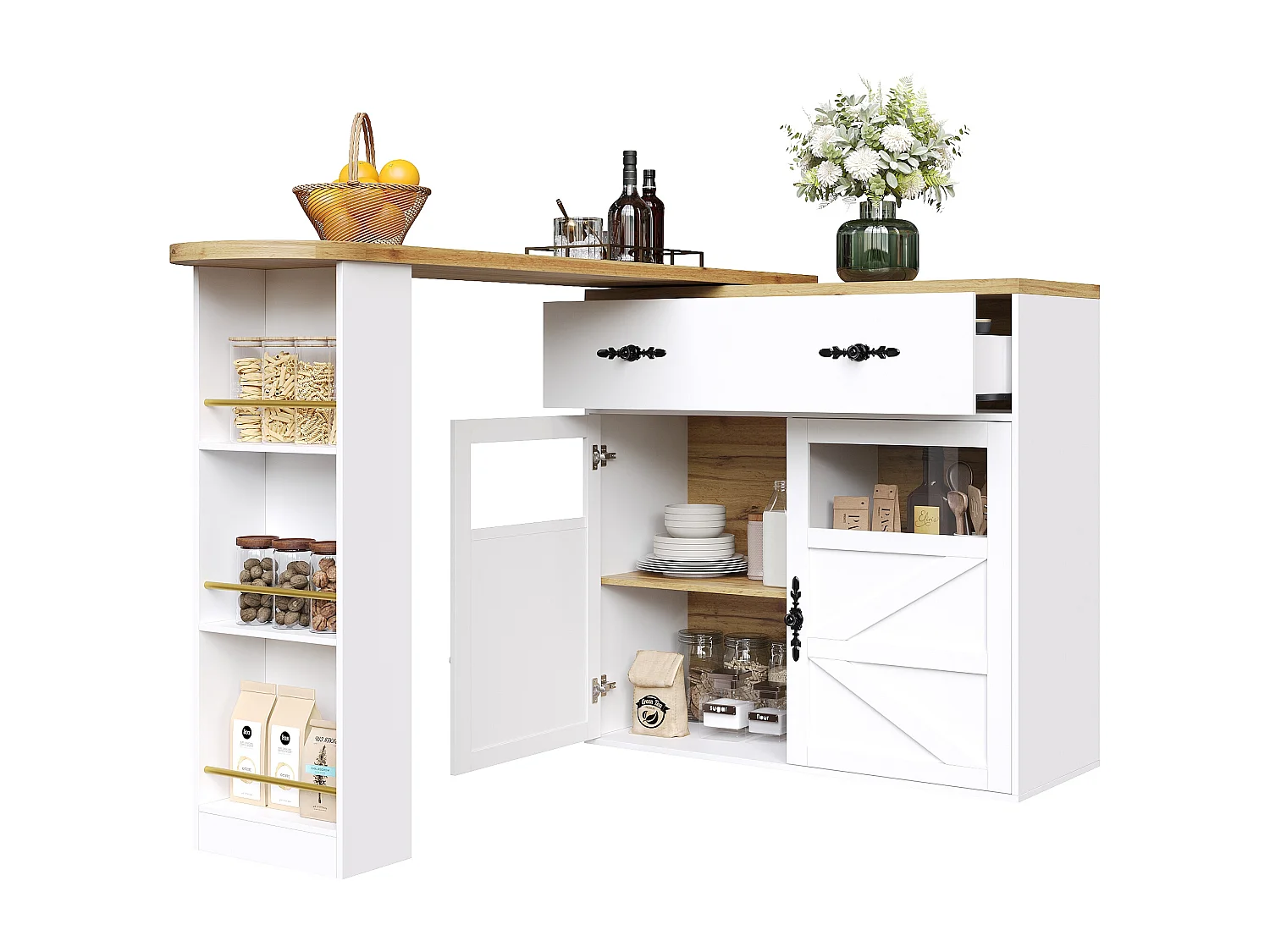 Mesa de bar extensível em MDF 138-204 cm, giratória 360° com armazenamento, branca, para cozinha e sala de estar
