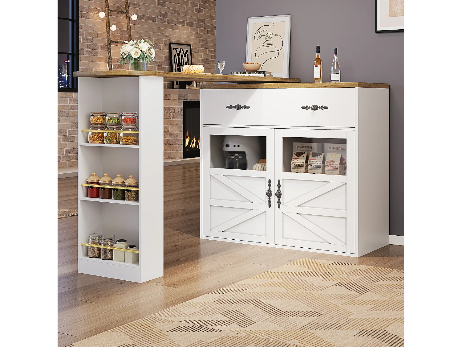 Mesa de bar extensível em MDF 138-204 cm, giratória 360° com armazenamento, branca, para cozinha e sala de estar