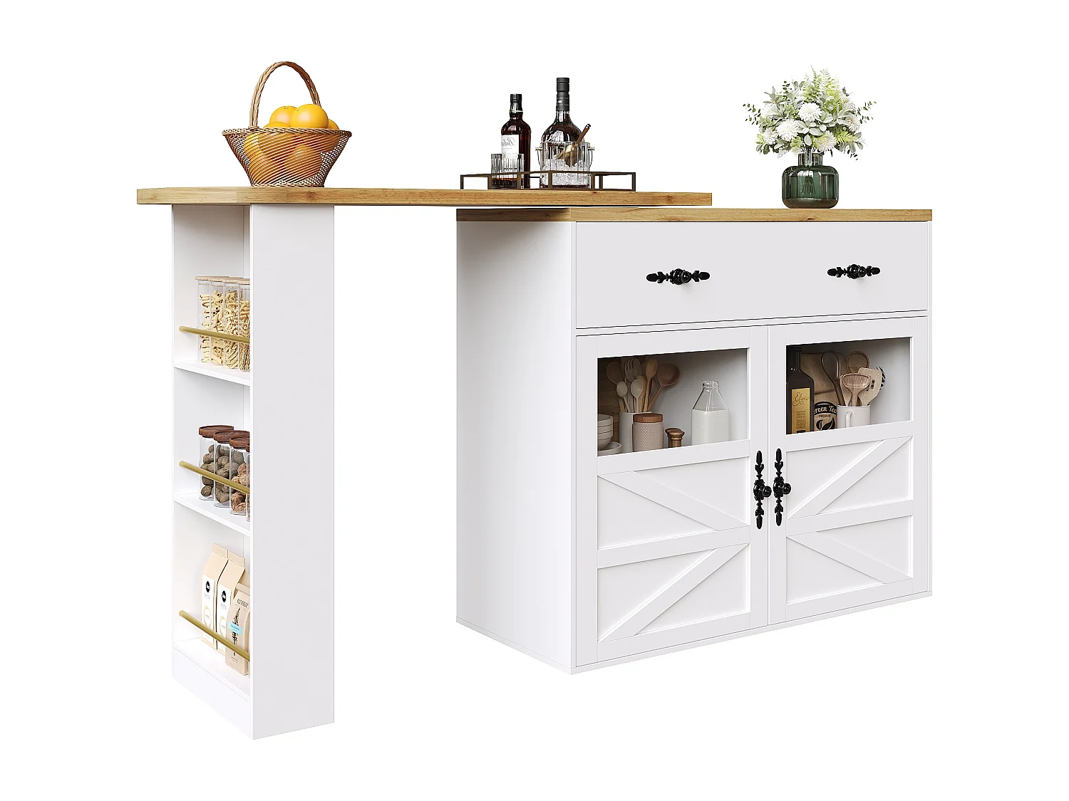 Mesa de bar extensível em MDF 138-204 cm, giratória 360° com armazenamento, branca, para cozinha e sala de estar