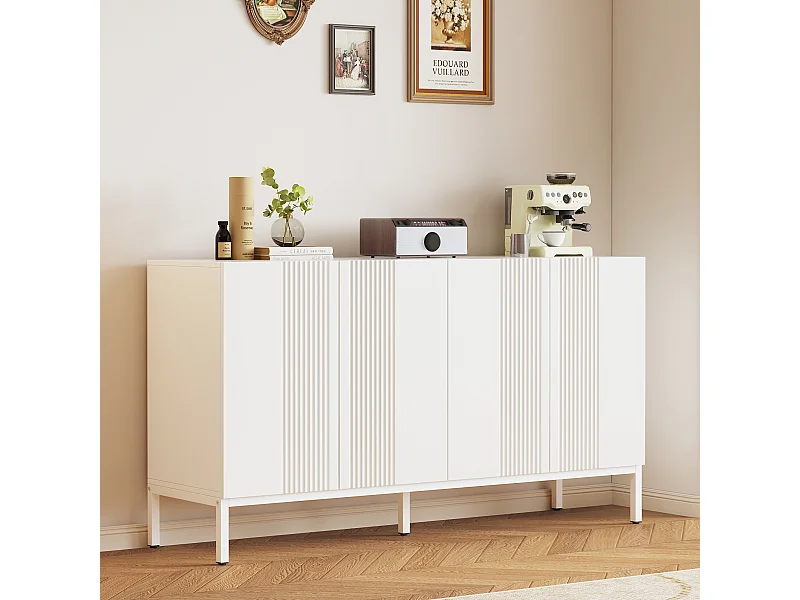 Aparador moderno de MDF de 4 puertas sin tiradores, almacenaje para salón, comedor, color blanco