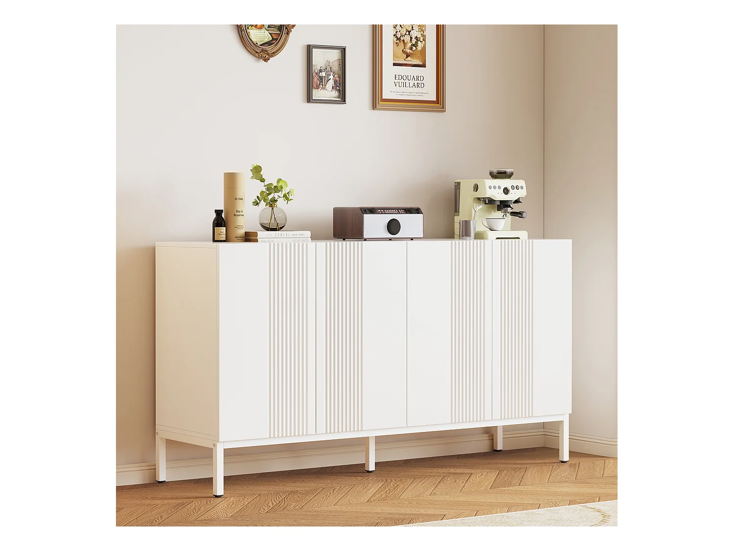 Aparador moderno de MDF de 4 puertas sin tiradores, almacenaje para salón, comedor, color blanco