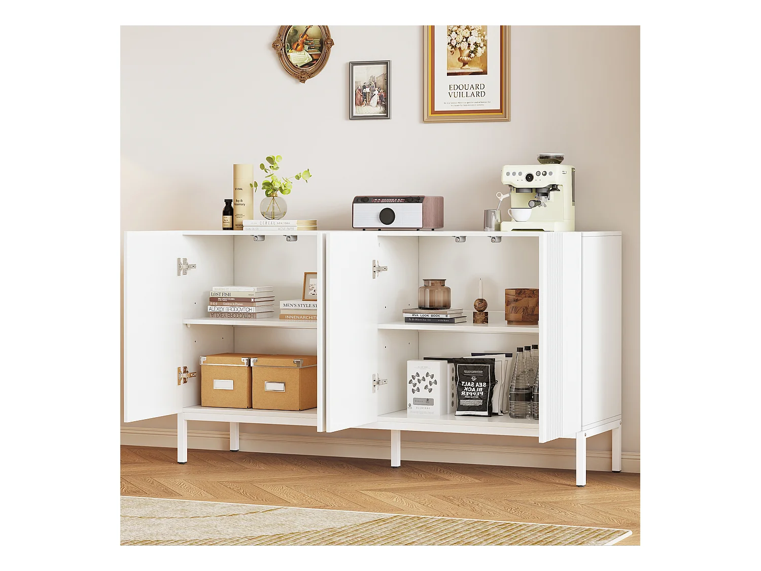 Aparador moderno de MDF de 4 puertas sin tiradores, almacenaje para salón, comedor, color blanco