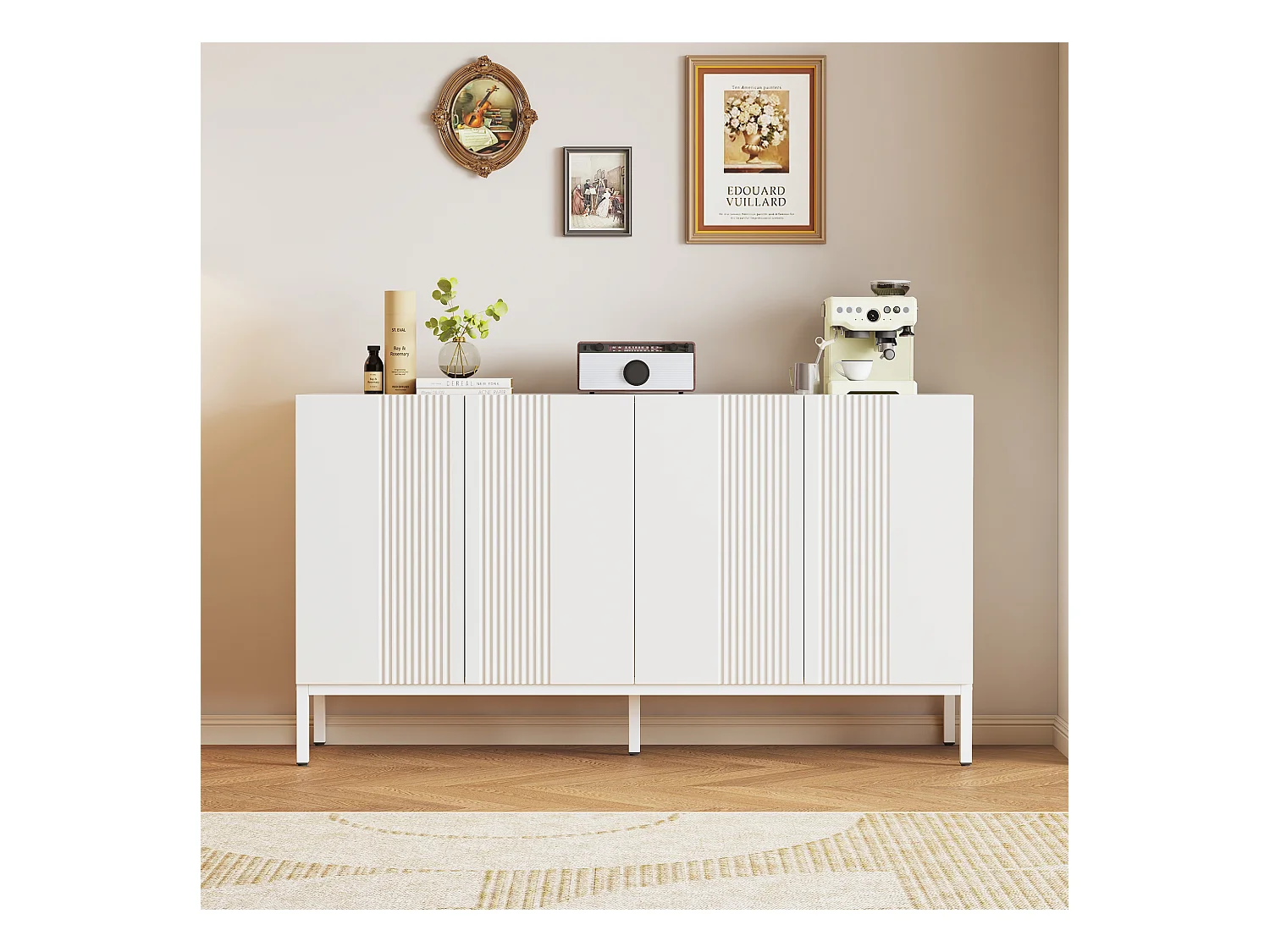 Aparador moderno de MDF de 4 puertas sin tiradores, almacenaje para salón, comedor, color blanco