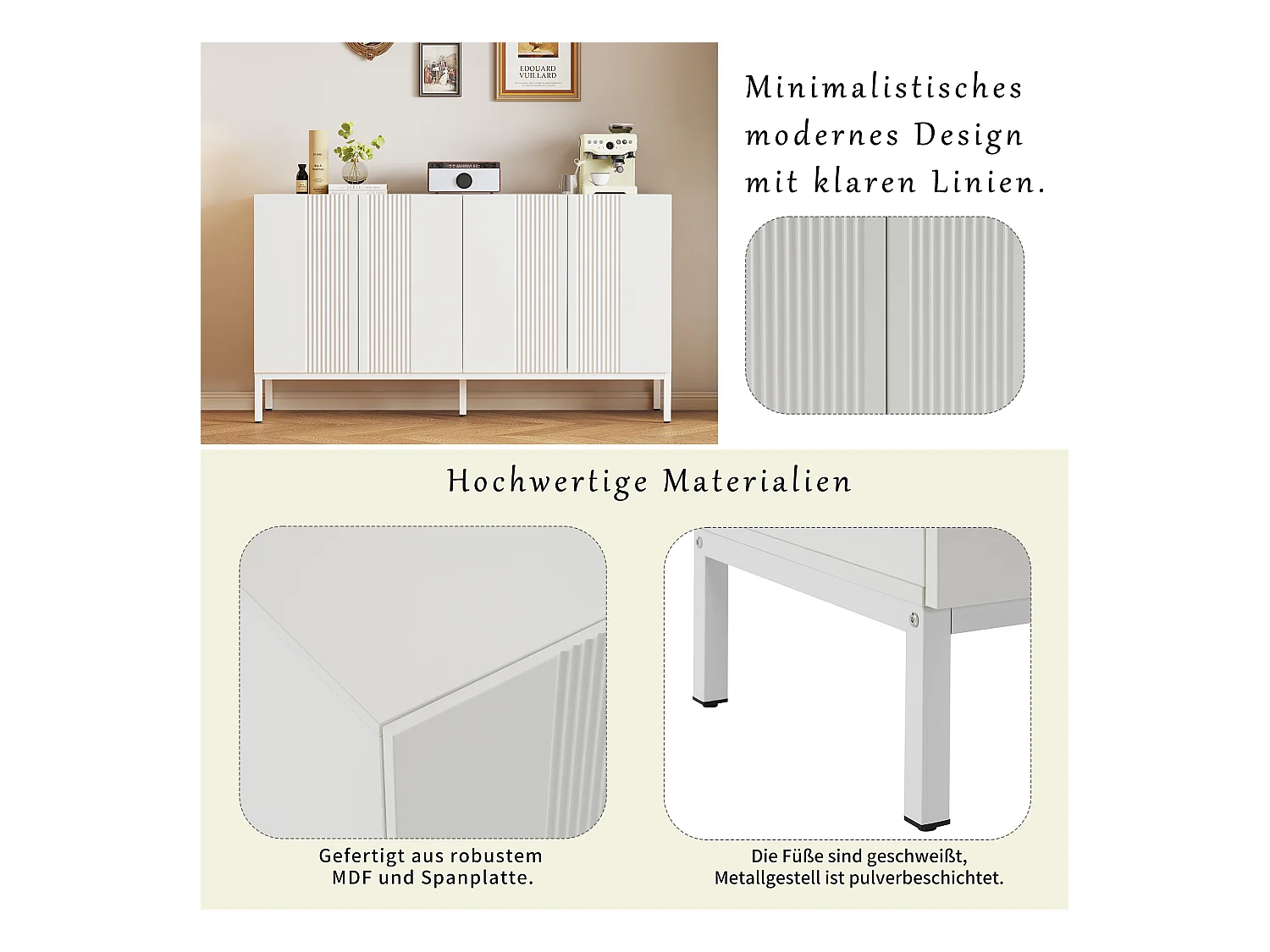 Aparador moderno de MDF de 4 puertas sin tiradores, almacenaje para salón, comedor, color blanco