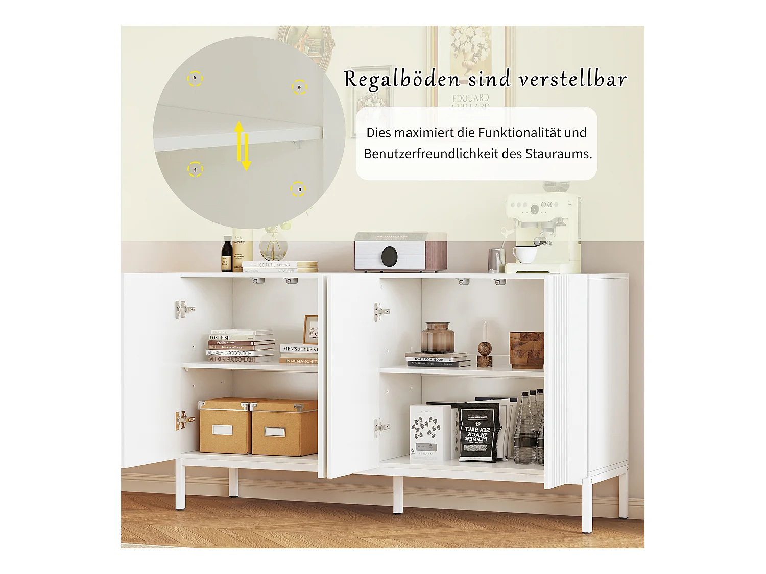 Aparador moderno de MDF de 4 puertas sin tiradores, almacenaje para salón, comedor, color blanco