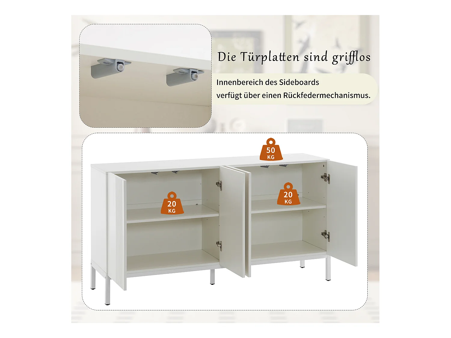 Aparador moderno de MDF de 4 puertas sin tiradores, almacenaje para salón, comedor, color blanco