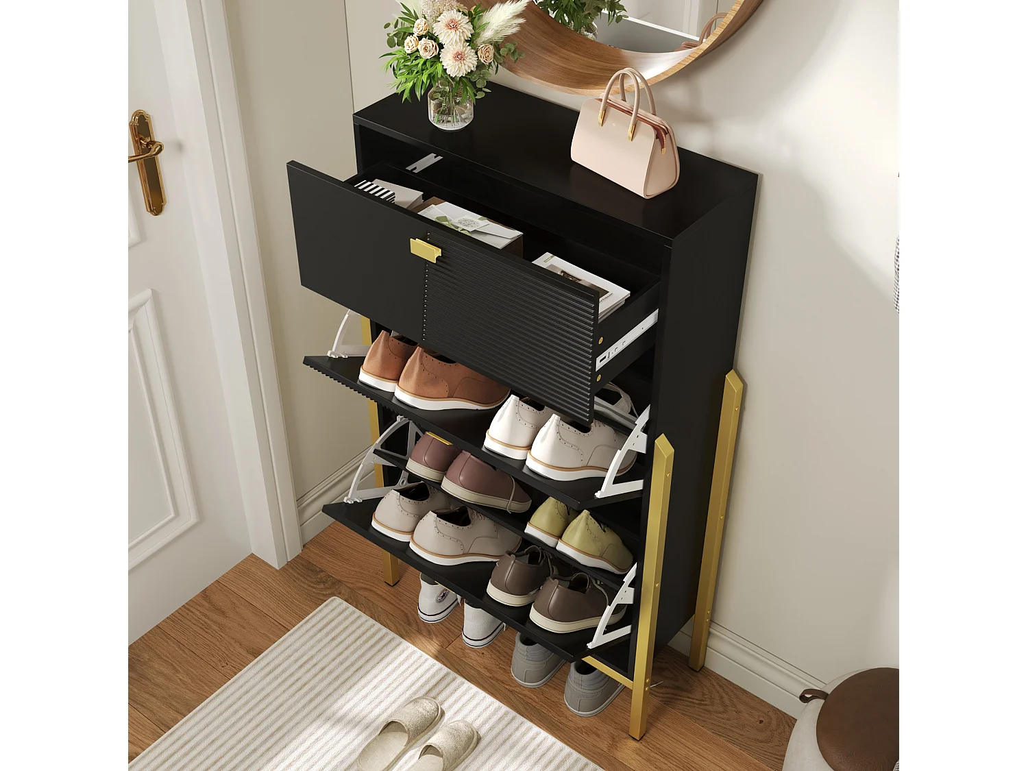 Meuble à chaussures bois noir 2 abattants 1 tiroir rangement entrée moderne 65x120,5x25 cm