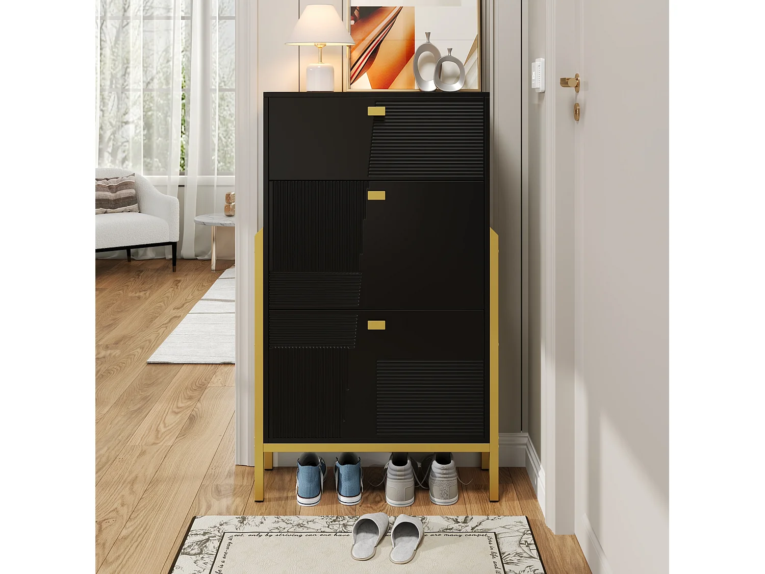 Meuble à chaussures bois noir 2 abattants 1 tiroir rangement entrée moderne 65x120,5x25 cm